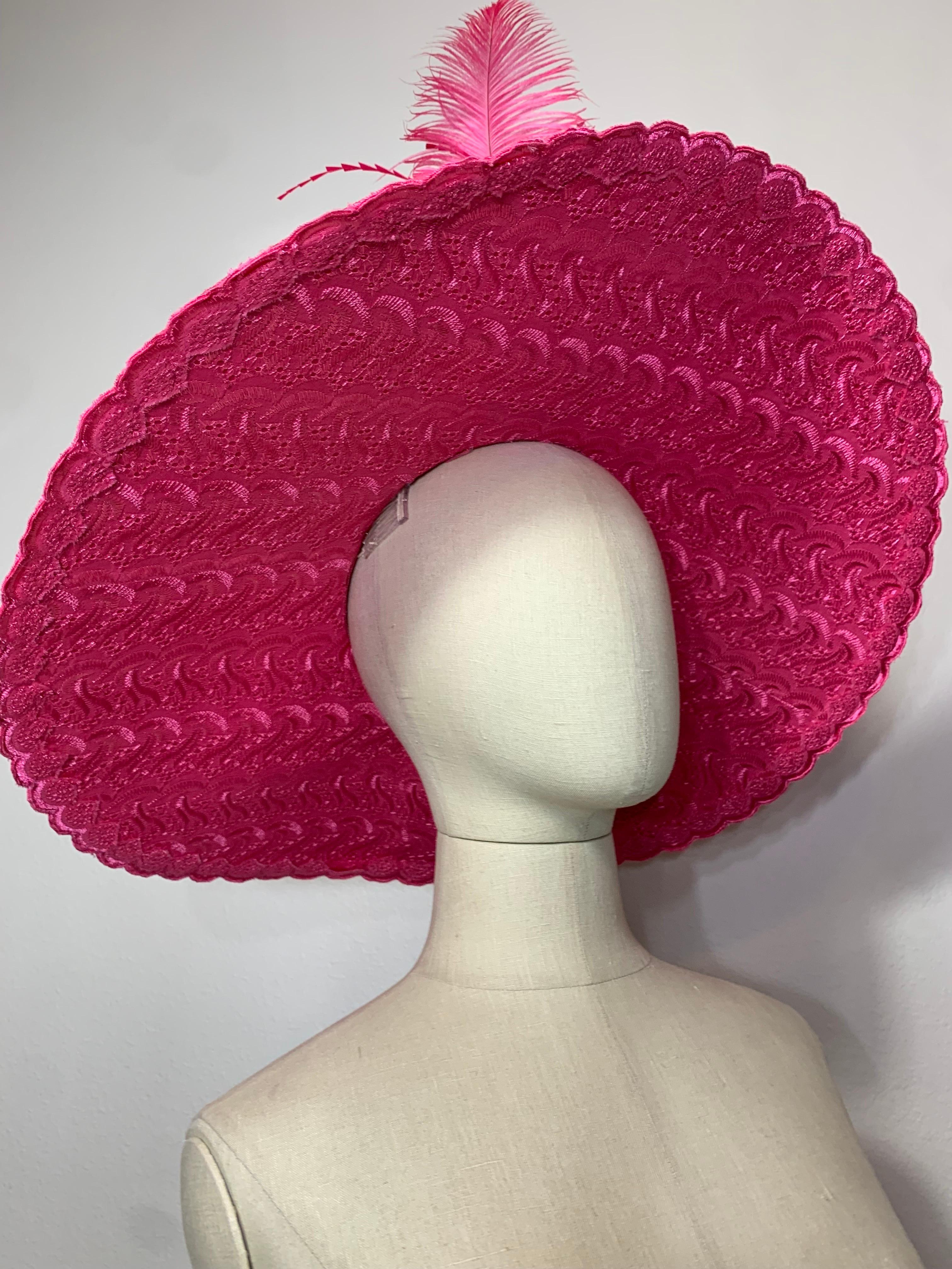 Custom-Made Brilliant Pink Embroidered Cotton Eyelet Wide-Brimmed Hat w Feathers For Sale 9