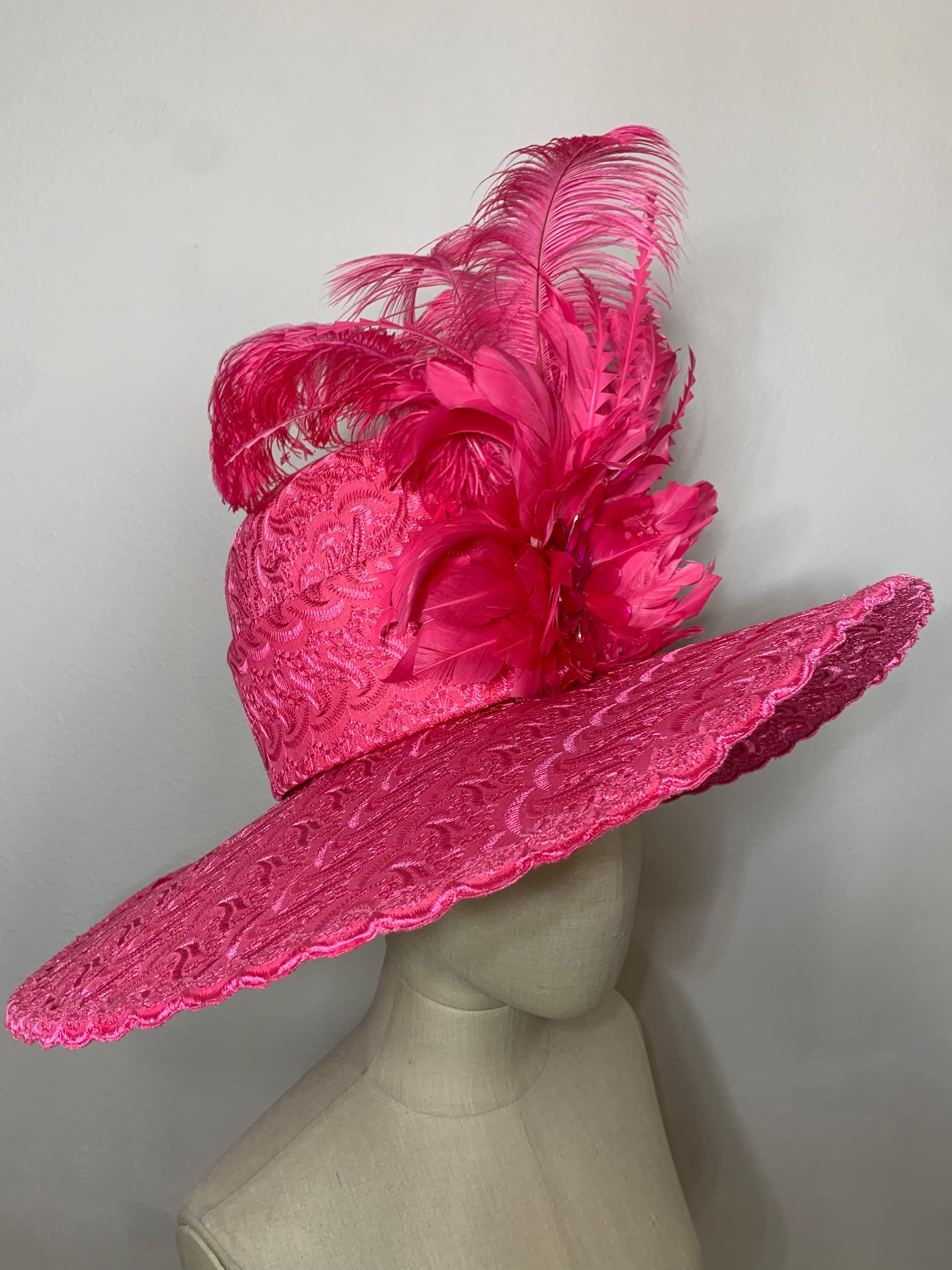 Custom-Made Brilliant Pink Embroidered Cotton Eyelet Wide-Brimmed Hat w Feathers For Sale 10