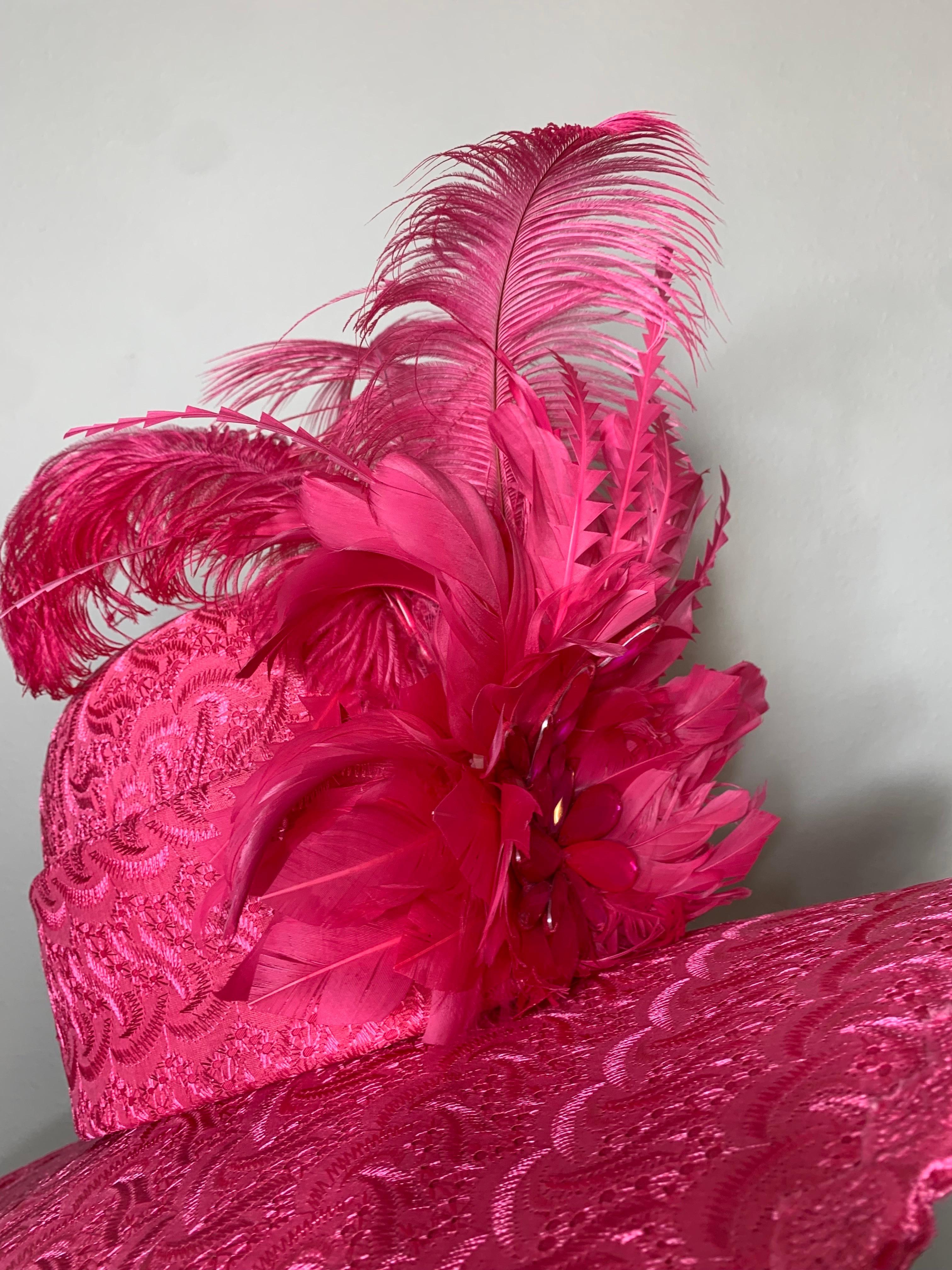 Custom-Made Brilliant Pink Embroidered Cotton Eyelet Wide-Brimmed Hat w Feathers For Sale 11