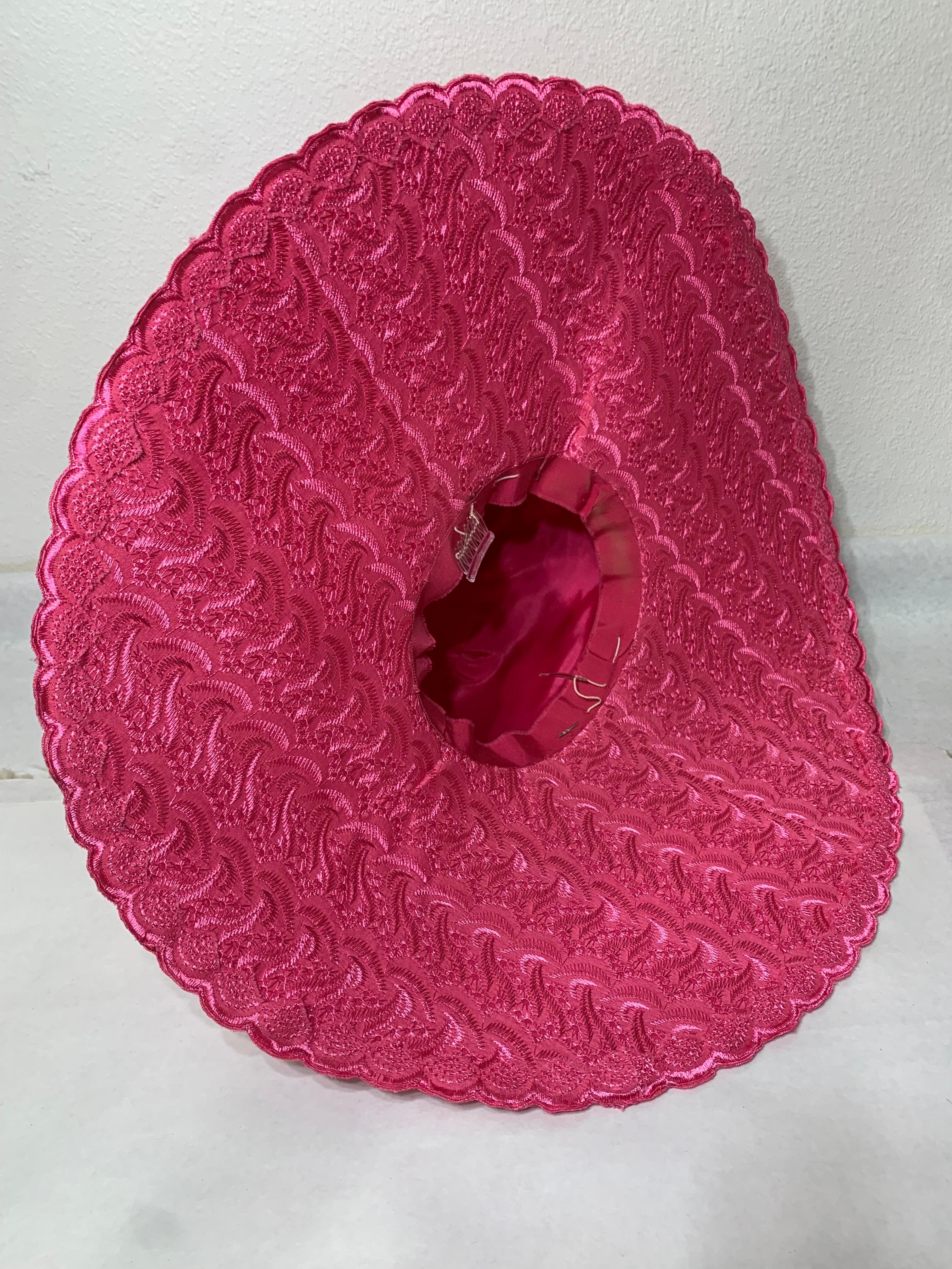 Custom-Made Brilliant Pink Embroidered Cotton Eyelet Wide-Brimmed Hat w Feathers For Sale 12