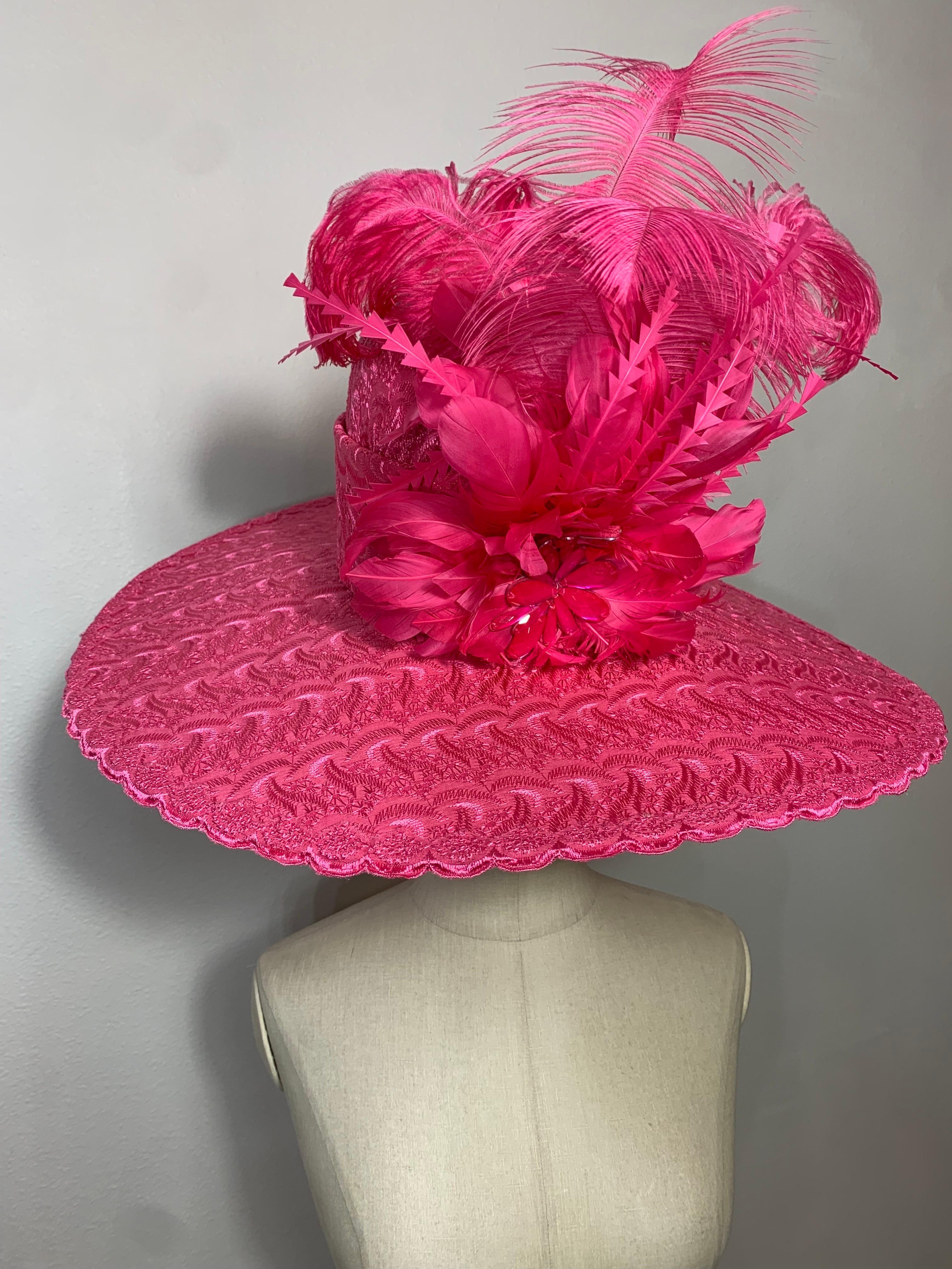 Custom-Made Brilliant Pink Embroidered Cotton Eyelet Wide-Brimmed Hat w Feathers In Excellent Condition For Sale In Gresham, OR