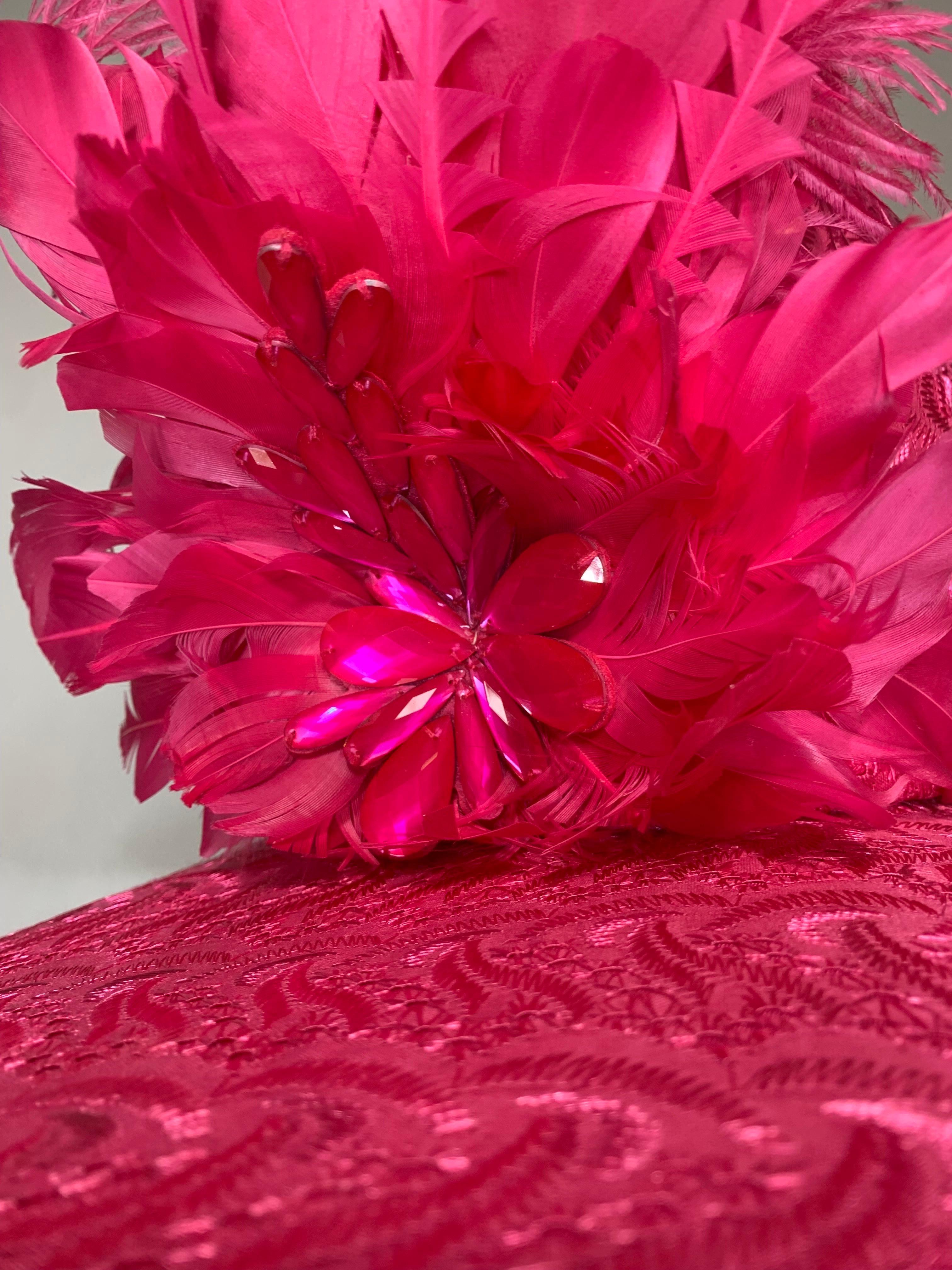 Women's Custom-Made Brilliant Pink Embroidered Cotton Eyelet Wide-Brimmed Hat w Feathers