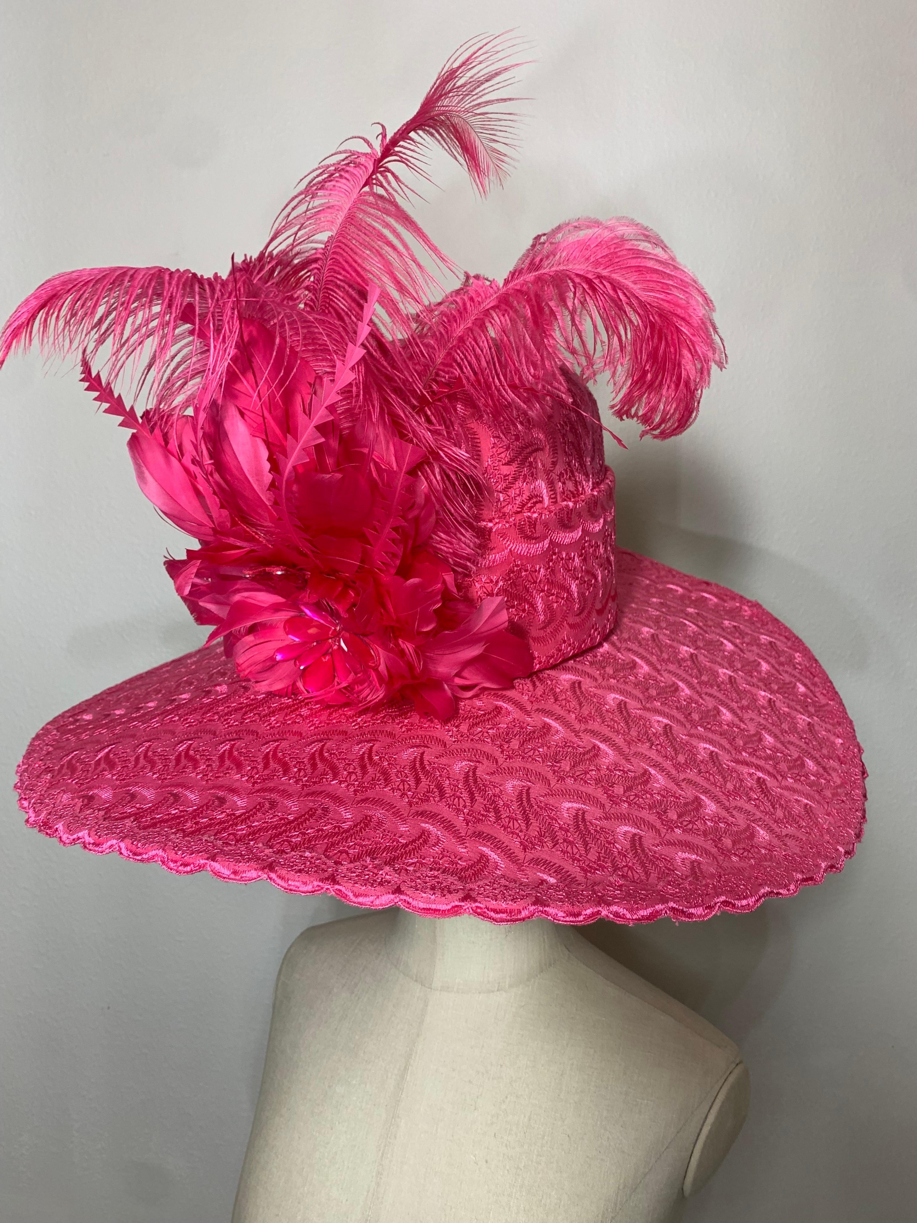 Custom-Made Brilliant Pink Embroidered Cotton Eyelet Wide-Brimmed Hat w Feathers For Sale 1