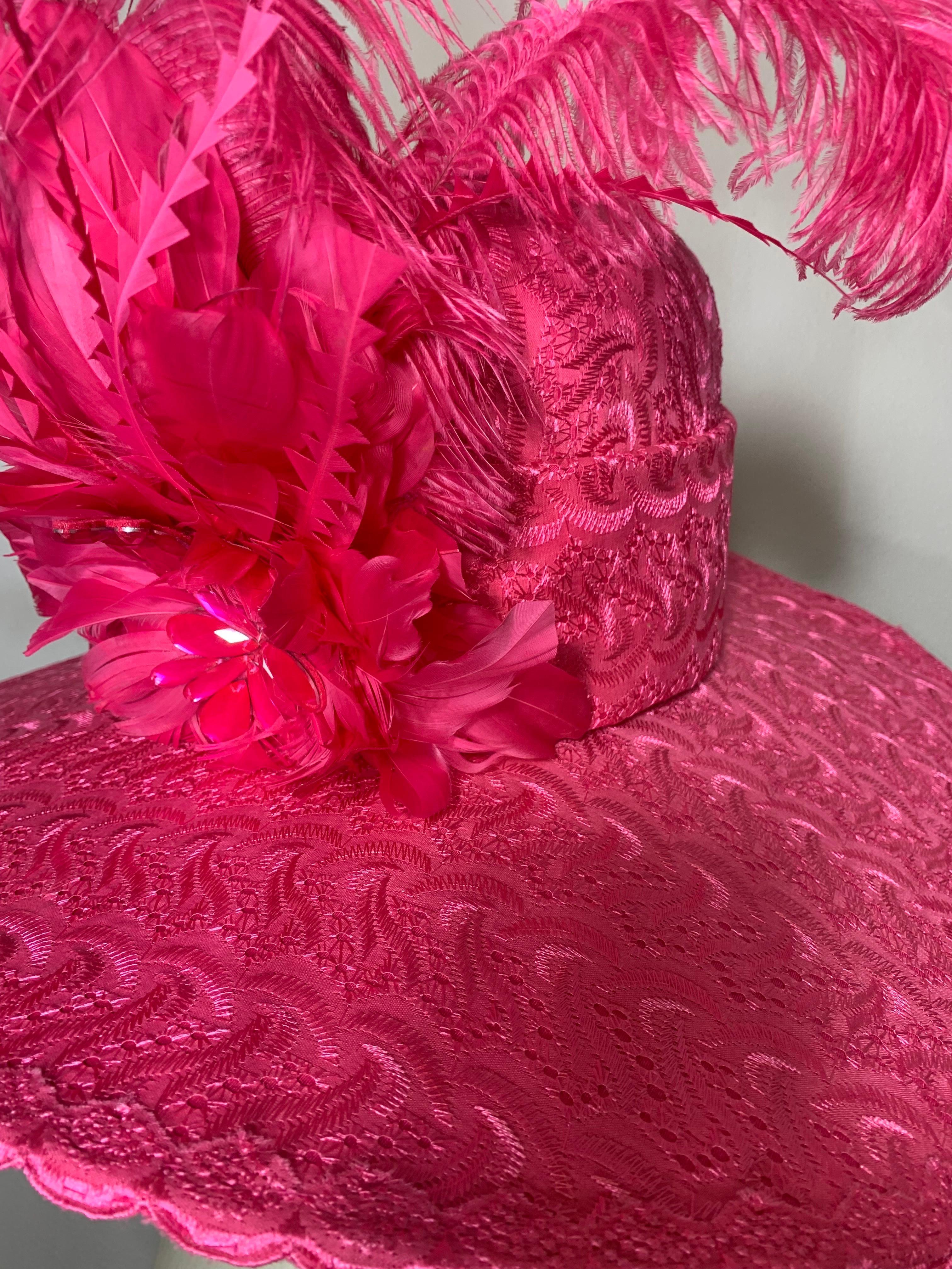 Custom-Made Brilliant Pink Embroidered Cotton Eyelet Wide-Brimmed Hat w Feathers For Sale 2