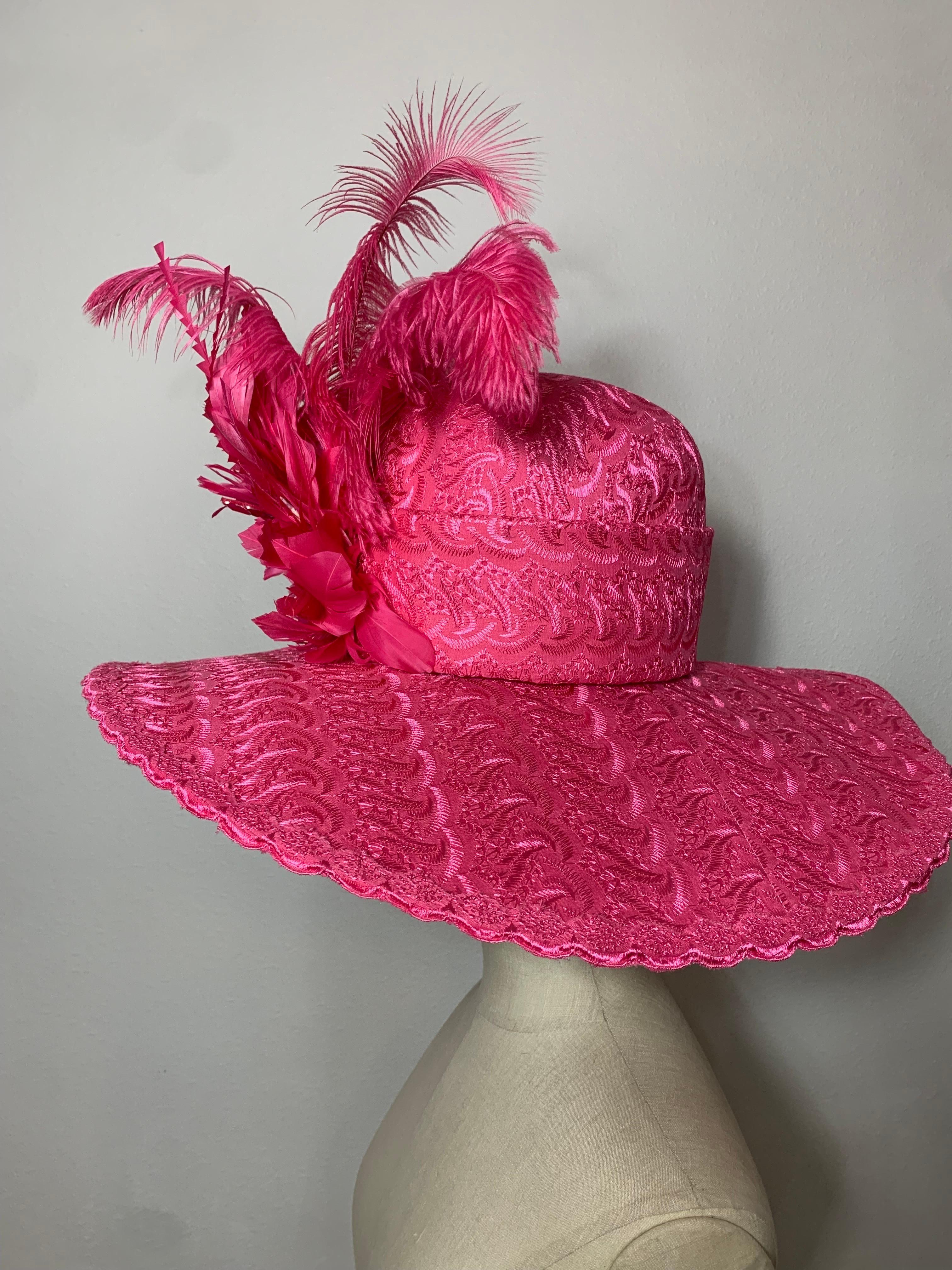 Custom-Made Brilliant Pink Embroidered Cotton Eyelet Wide-Brimmed Hat w Feathers For Sale 4