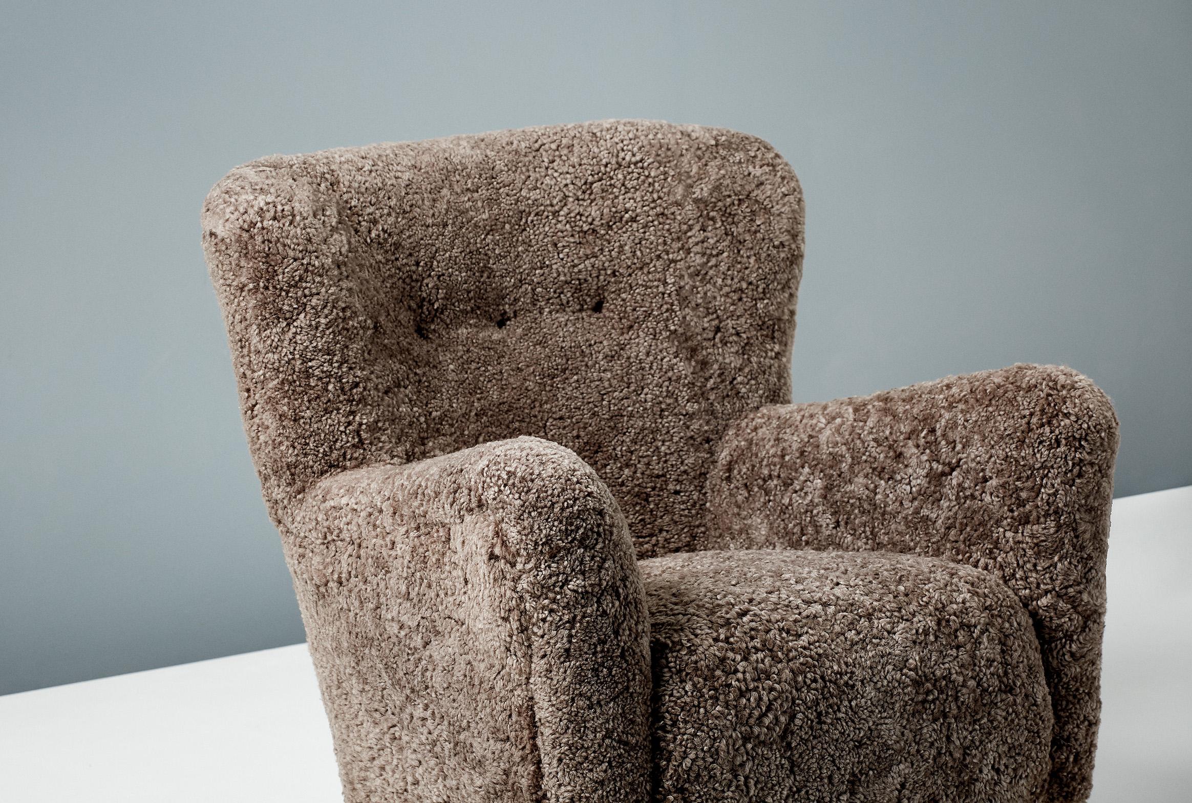 Custom Made Brown Sheepskin Lounge Chair For Sale 2