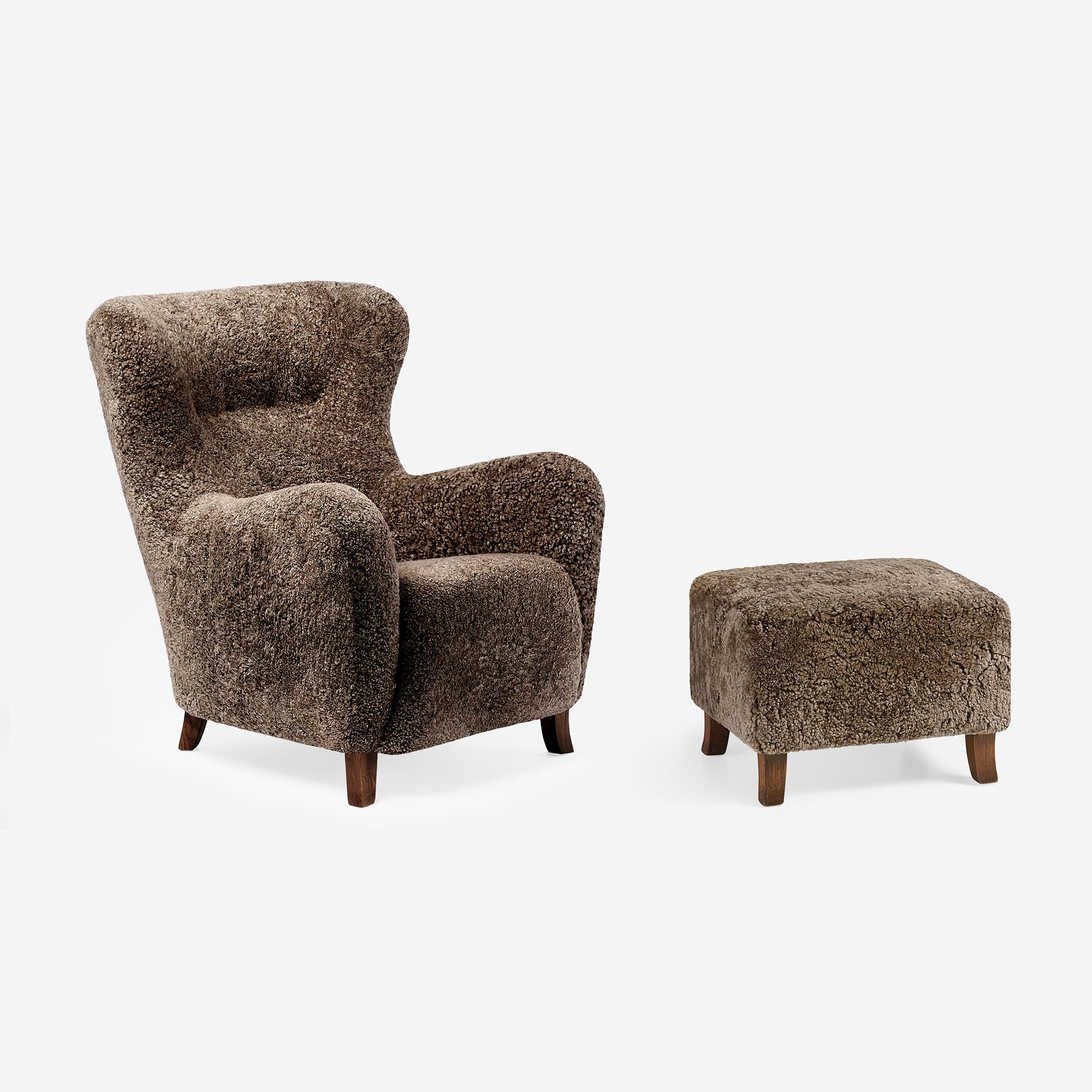 Scandinavian Modern Custom Made Brown Sheepskin Wing Chair For Sale