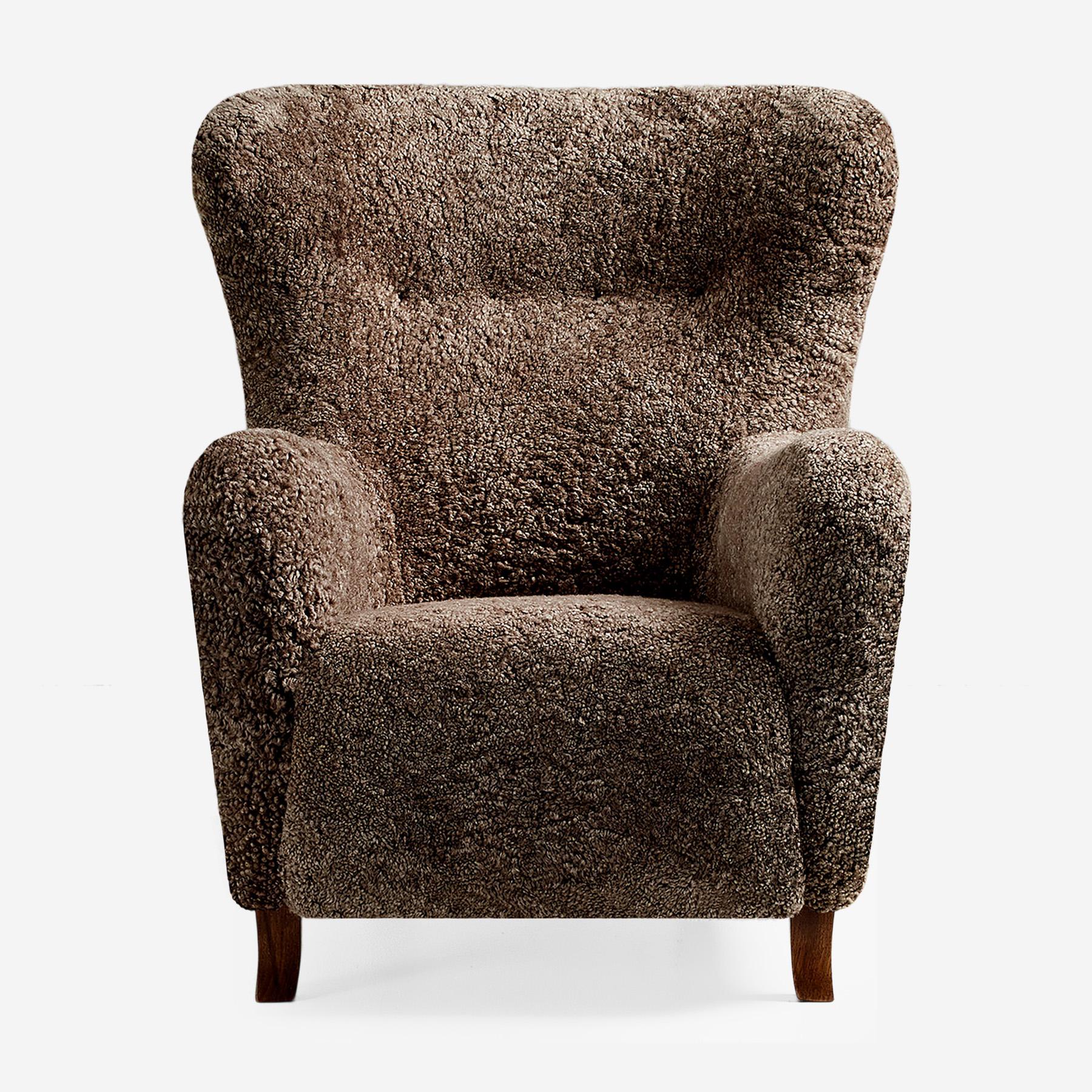 Contemporary Custom Made Brown Sheepskin Wing Chair For Sale