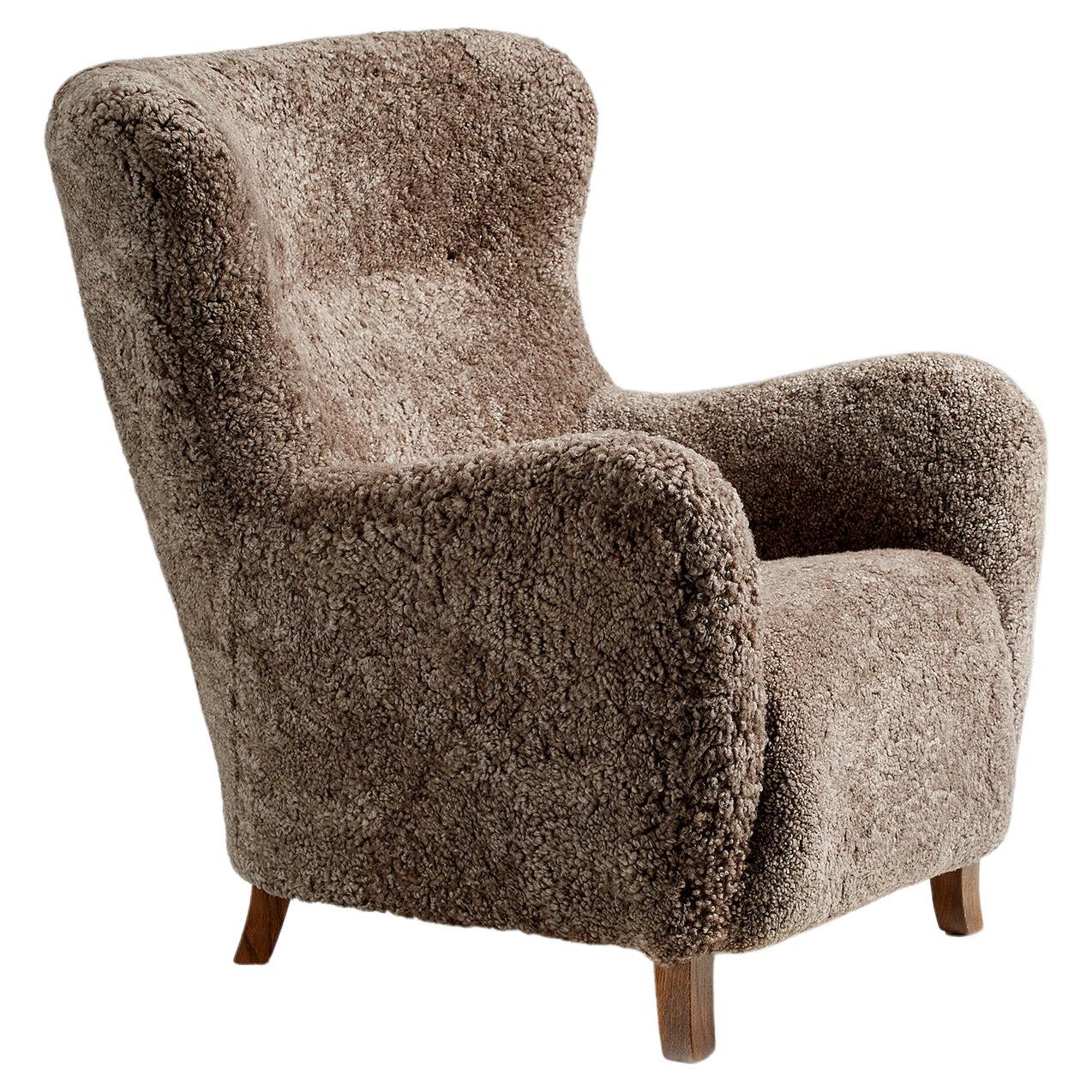 Custom Made Brown Sheepskin Wing Chair For Sale