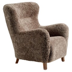 Custom Made Brown Sheepskin Wing Chair
