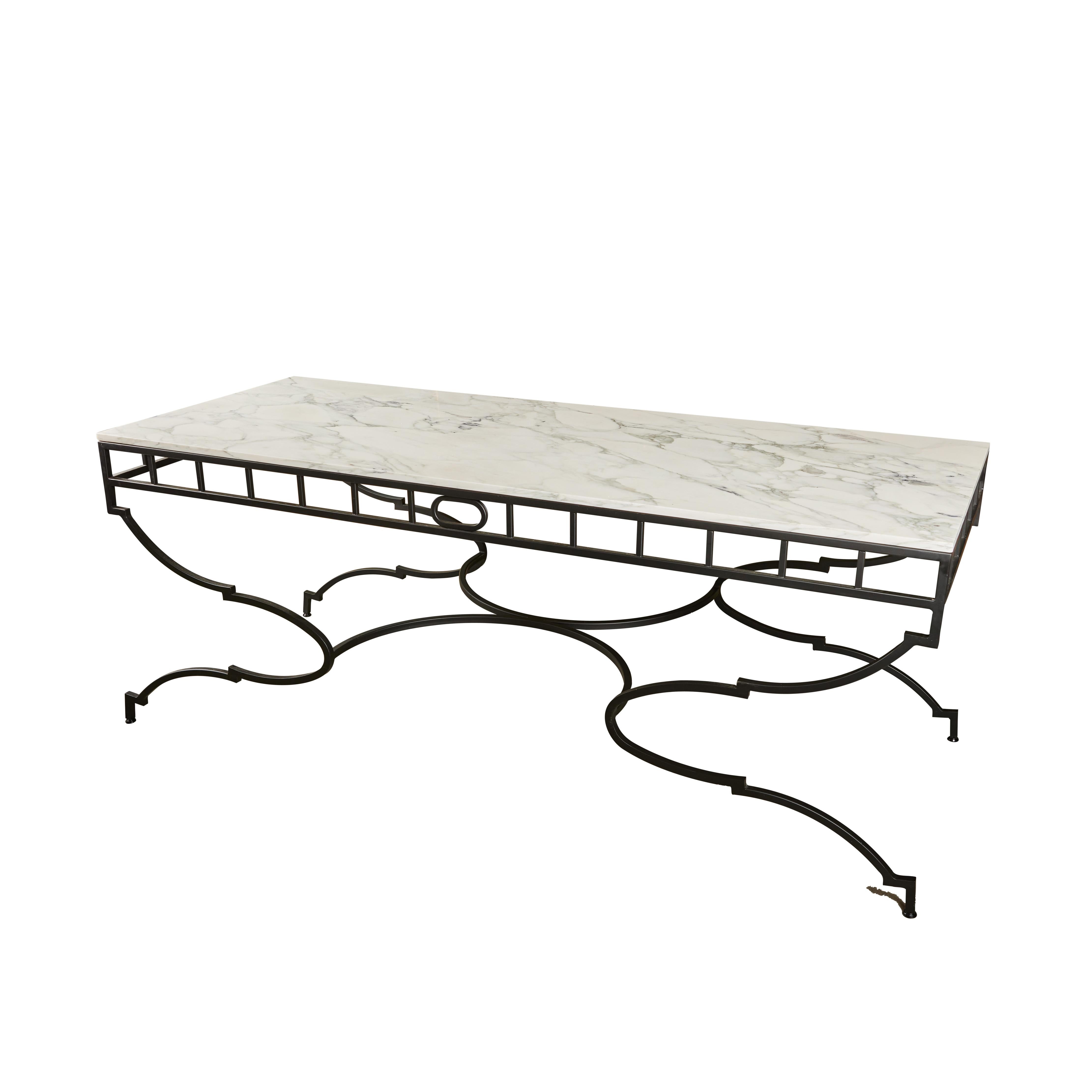 This outstanding custom designed rectangular iron console table is topped with a slab of newly honed Italian Calacatta Verde marble. The table frame has a rich black powder coated finish and paired with the marble creates a striking presentation. It
