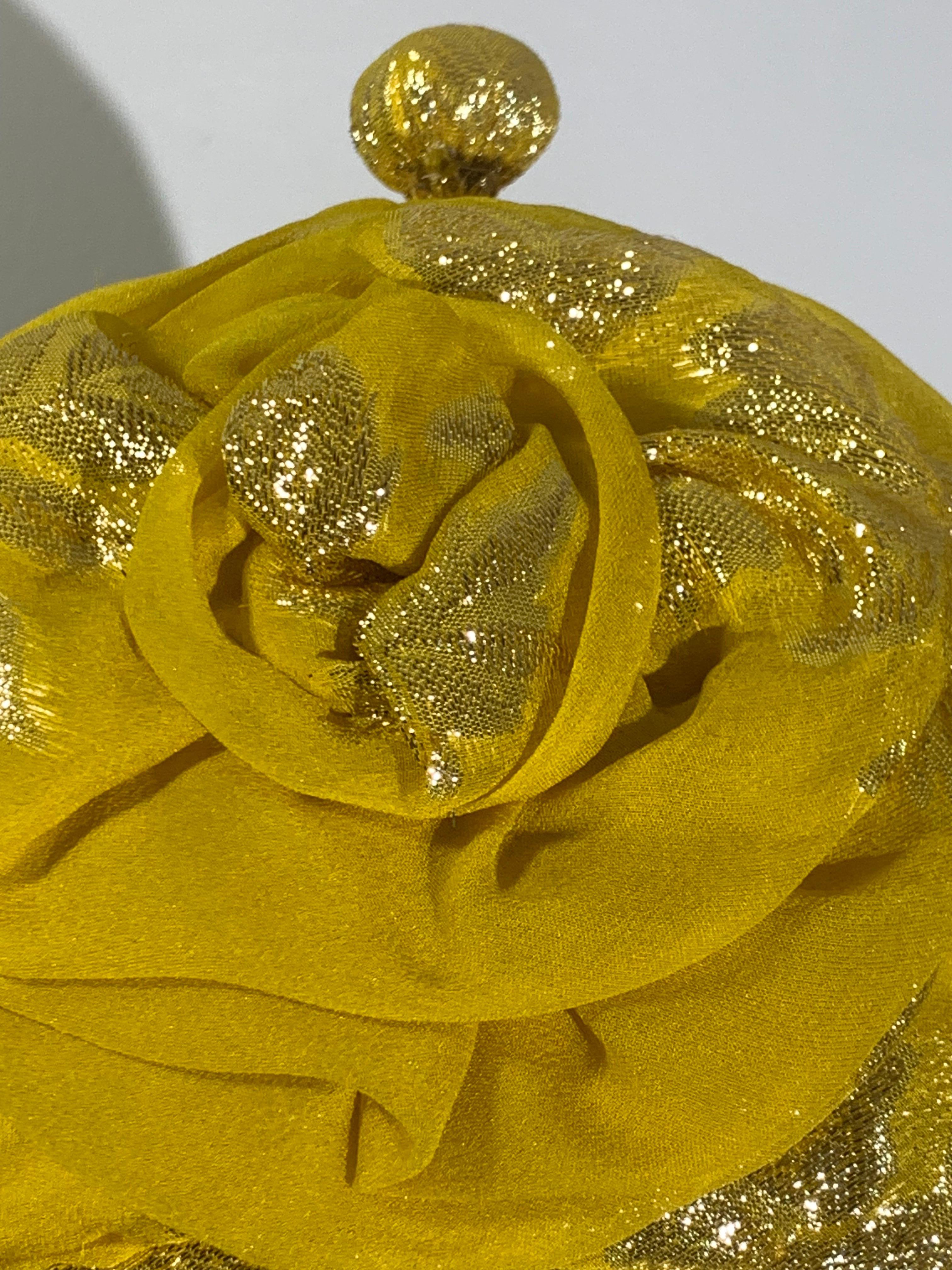 Custom Made Canary Yellow Silk Lame Floral Patterned Turban w Flower and Hatpin For Sale 6