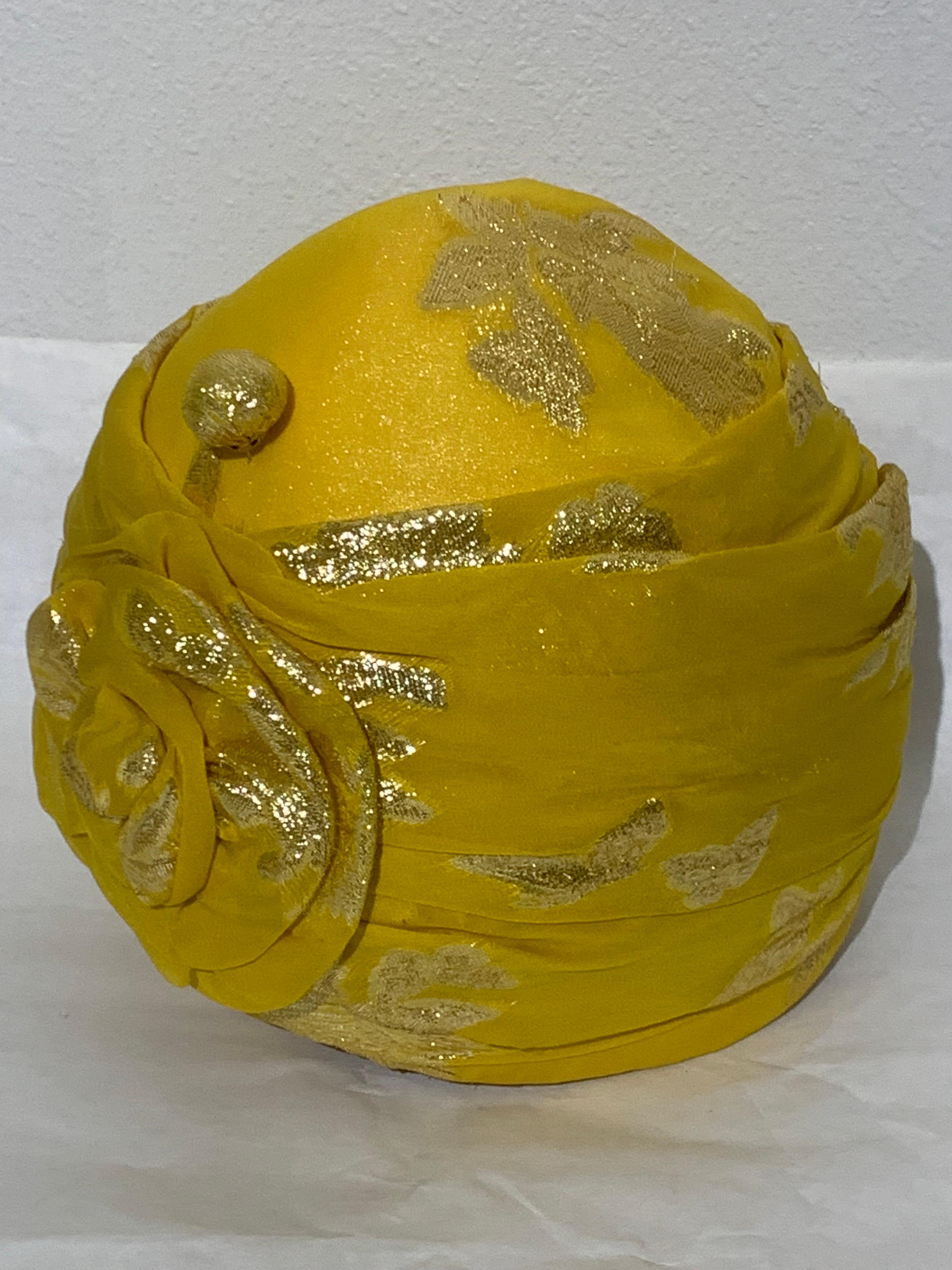 Custom Made Canary Yellow Silk Lame Floral Patterned Turban w Flower and Hatpin For Sale 8