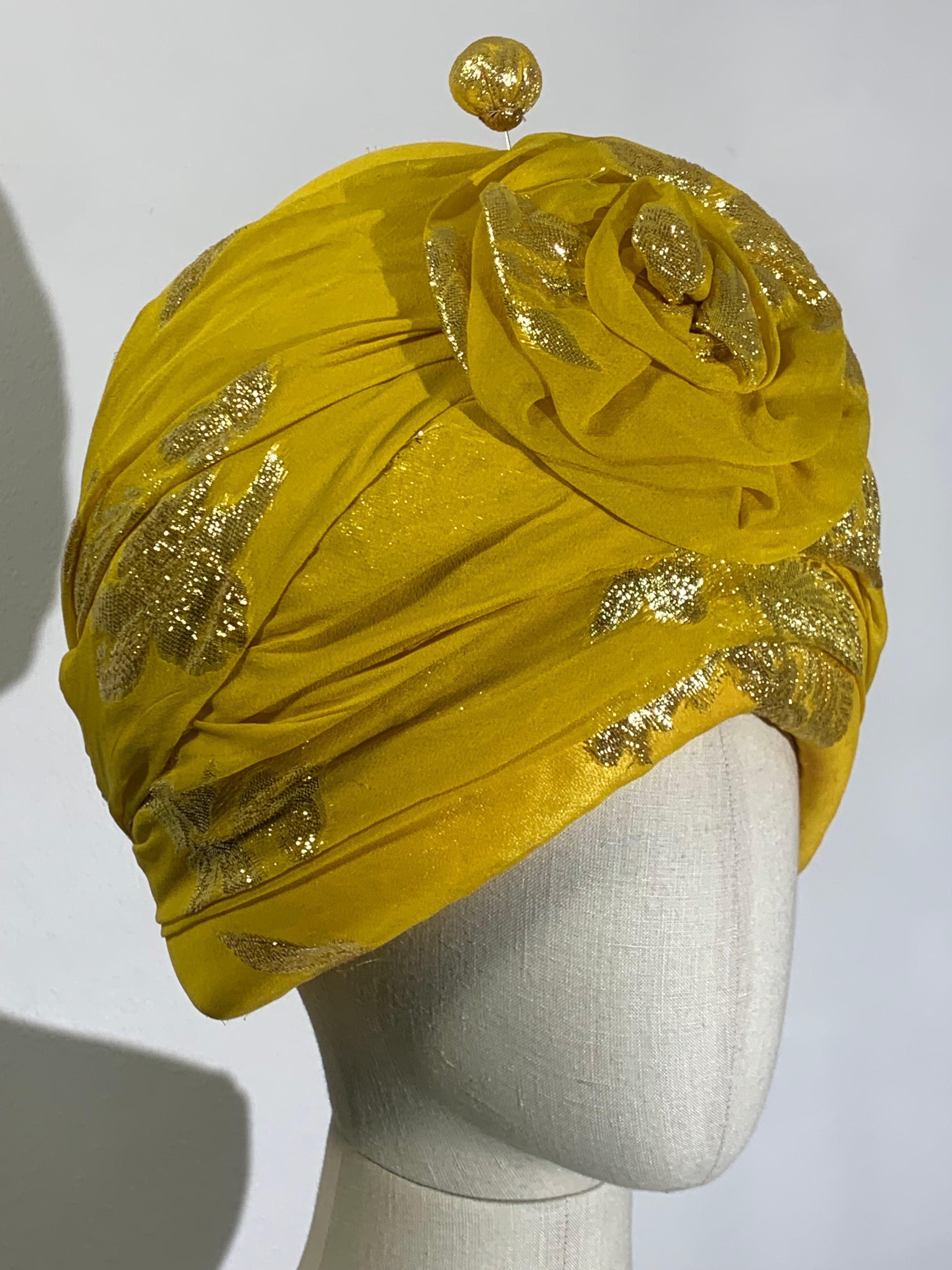 Custom Made Canary Yellow Silk Lame Floral Patterned Turban w Flower and Hatpin In Excellent Condition For Sale In Gresham, OR