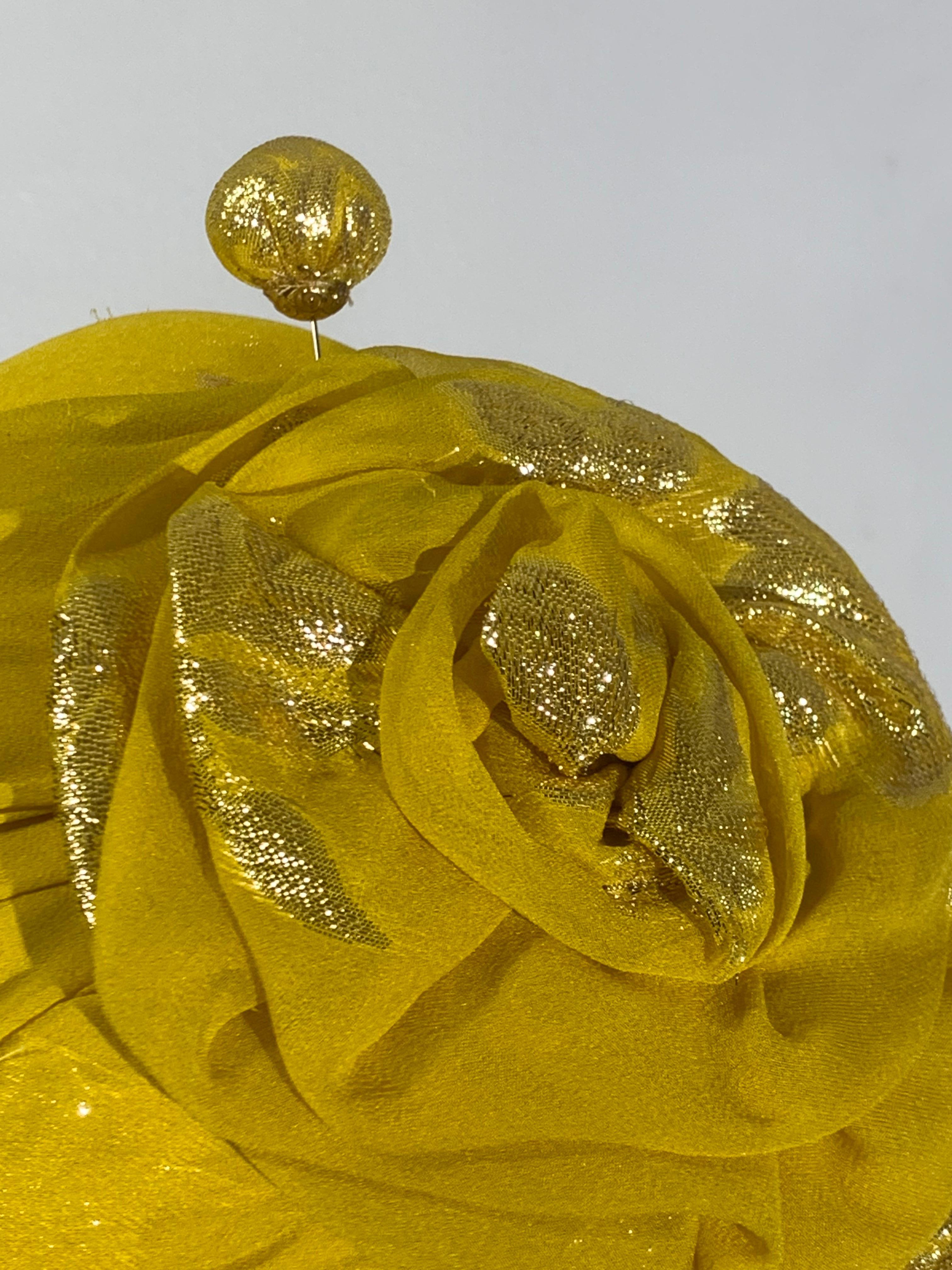 Women's Custom Made Canary Yellow Silk Lame Floral Patterned Turban w Flower and Hatpin For Sale