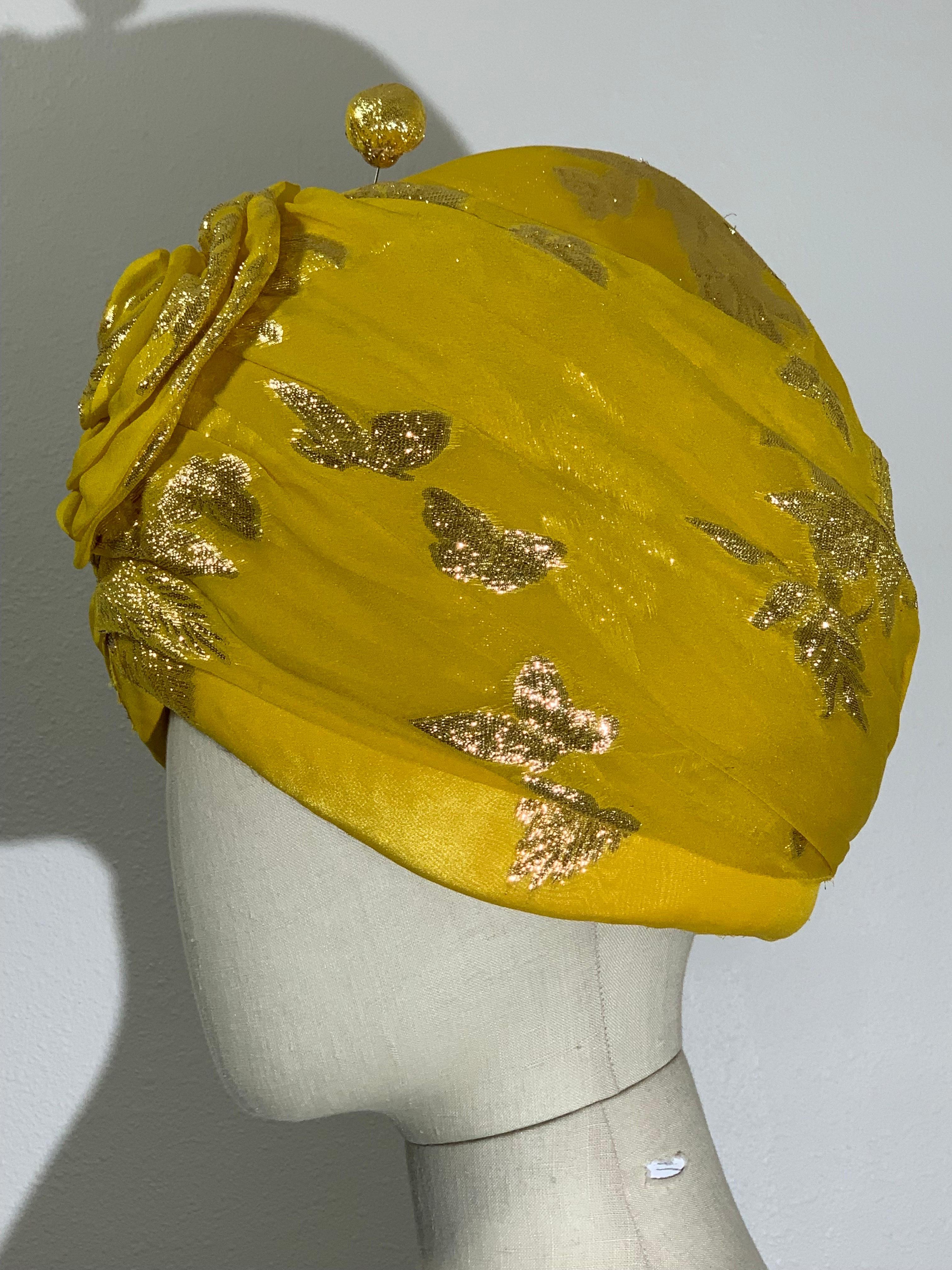 Custom Made Canary Yellow Silk Lame Floral Patterned Turban w Flower and Hatpin For Sale 1