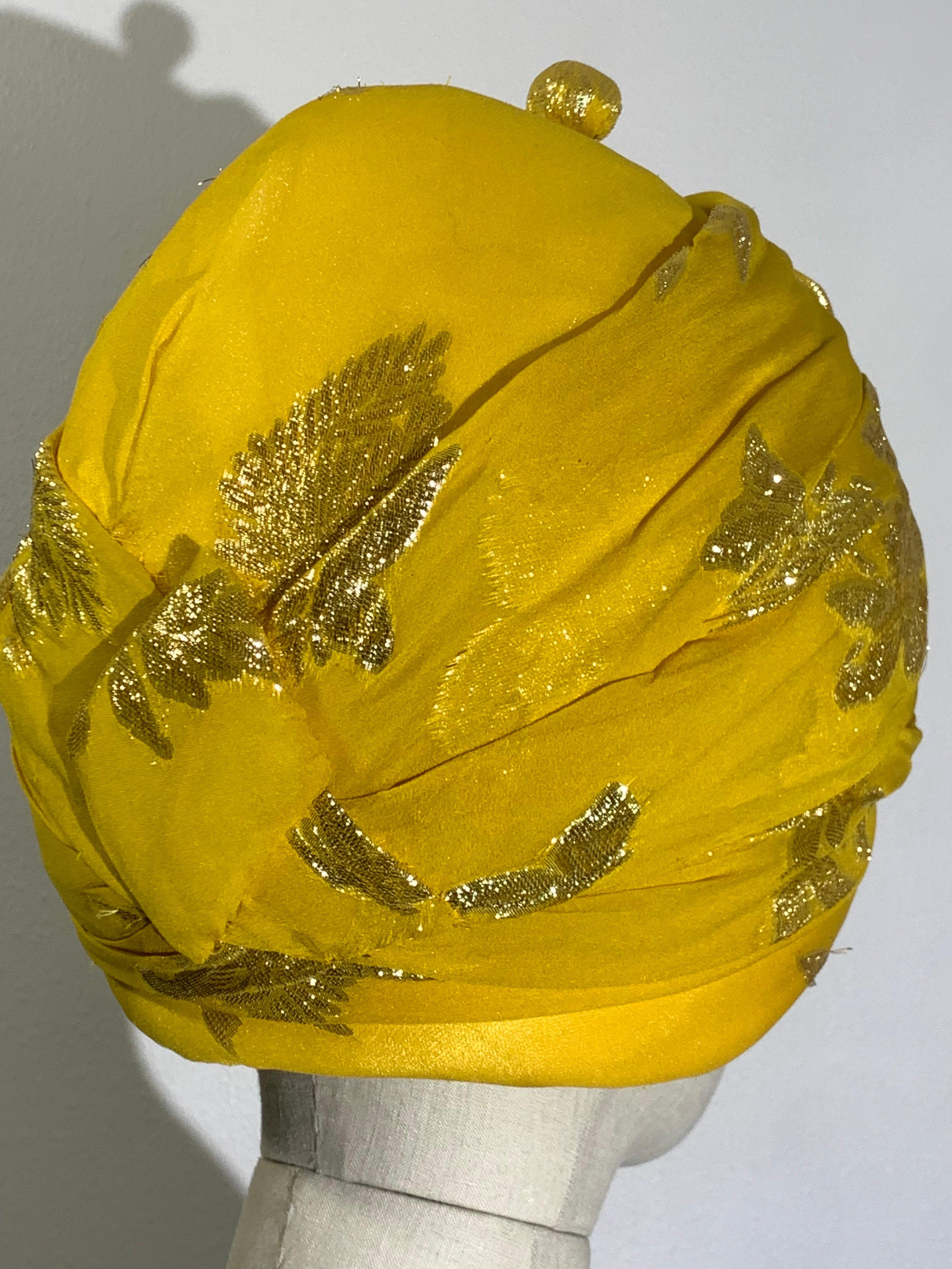 Custom Made Canary Yellow Silk Lame Floral Patterned Turban w Flower and Hatpin For Sale 2