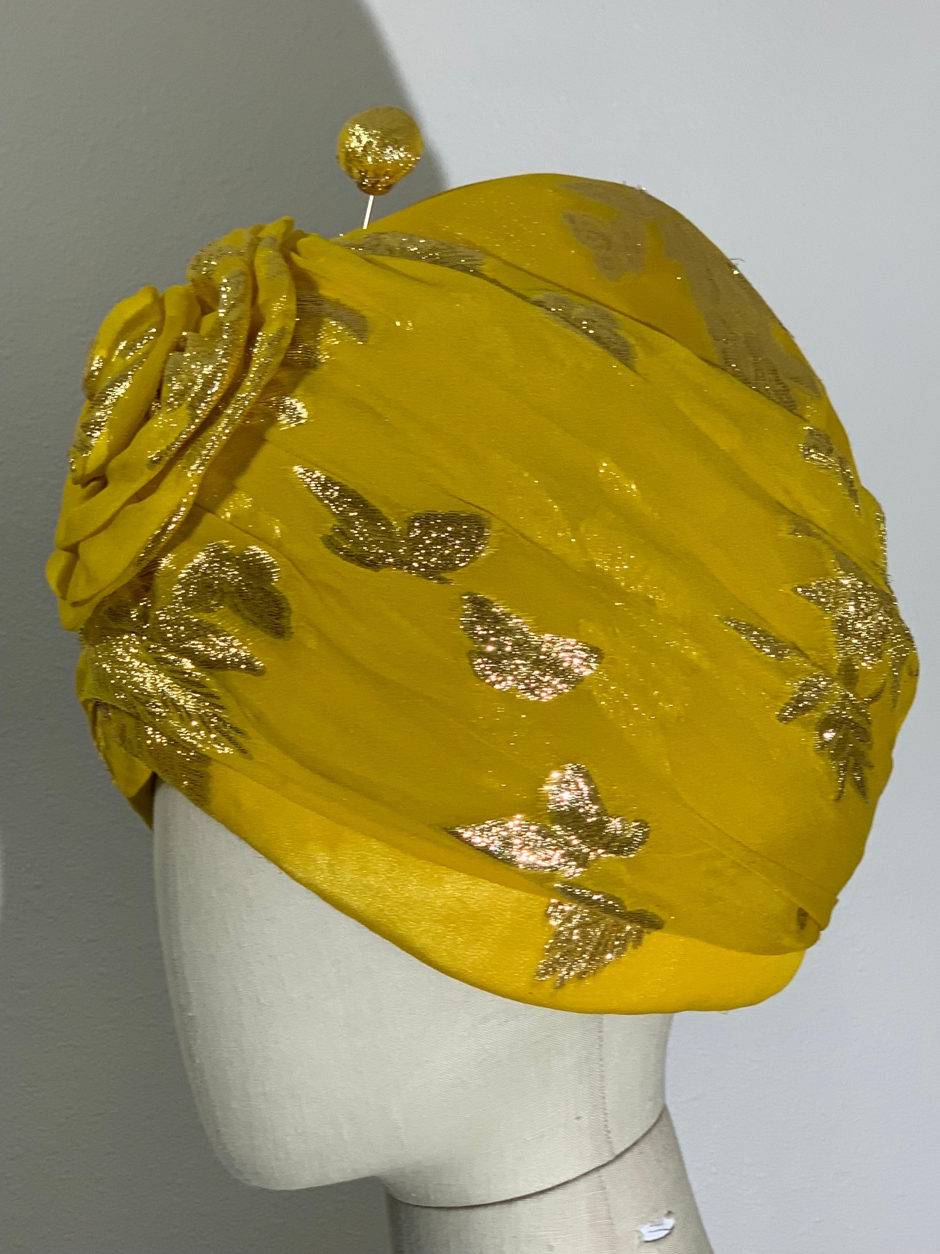 Custom Made Canary Yellow Silk Lame Floral Patterned Turban w Flower and Hatpin For Sale 4