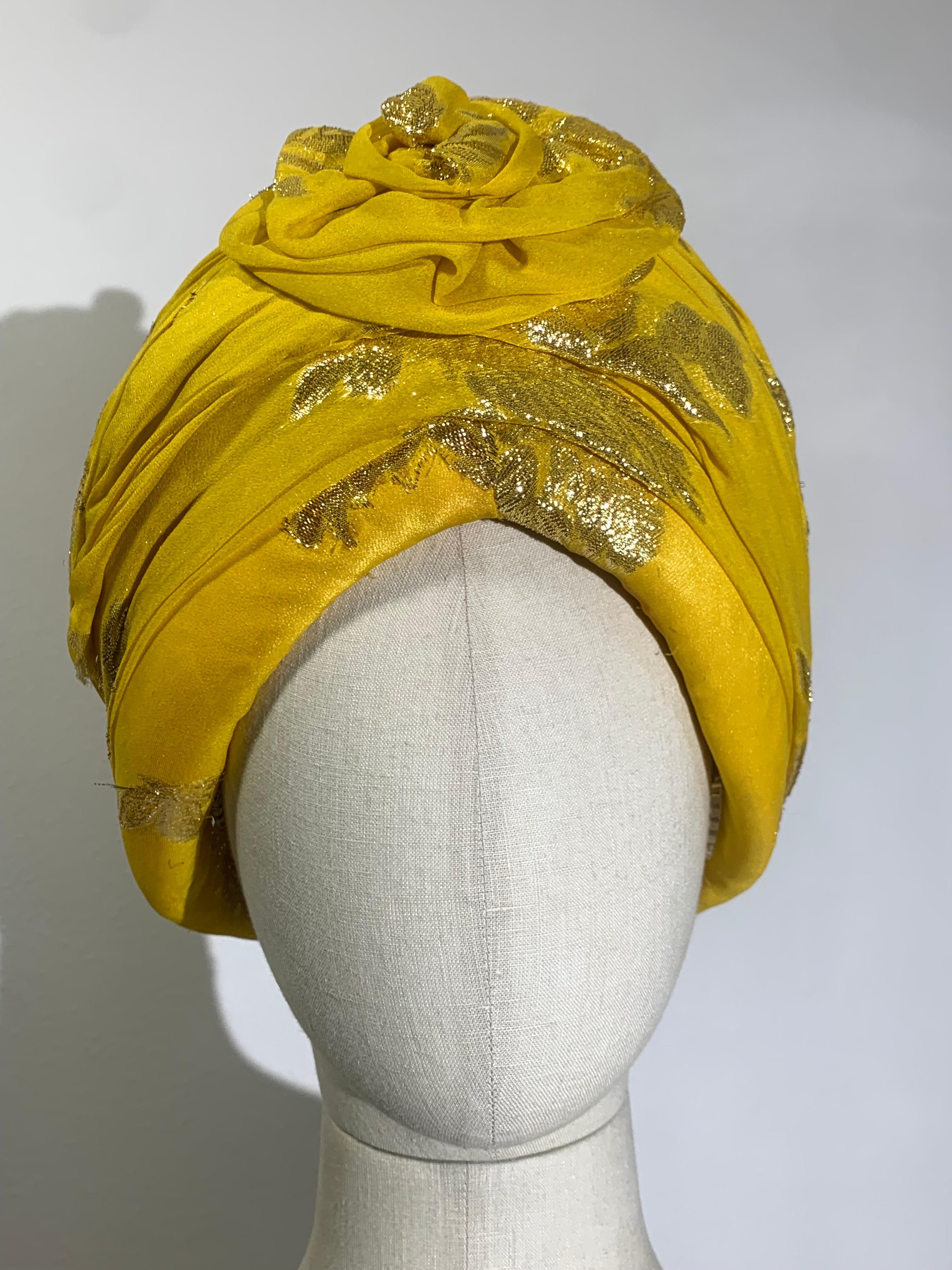 Custom Made Canary Yellow Silk Lame Floral Patterned Turban w Flower and Hatpin For Sale 5