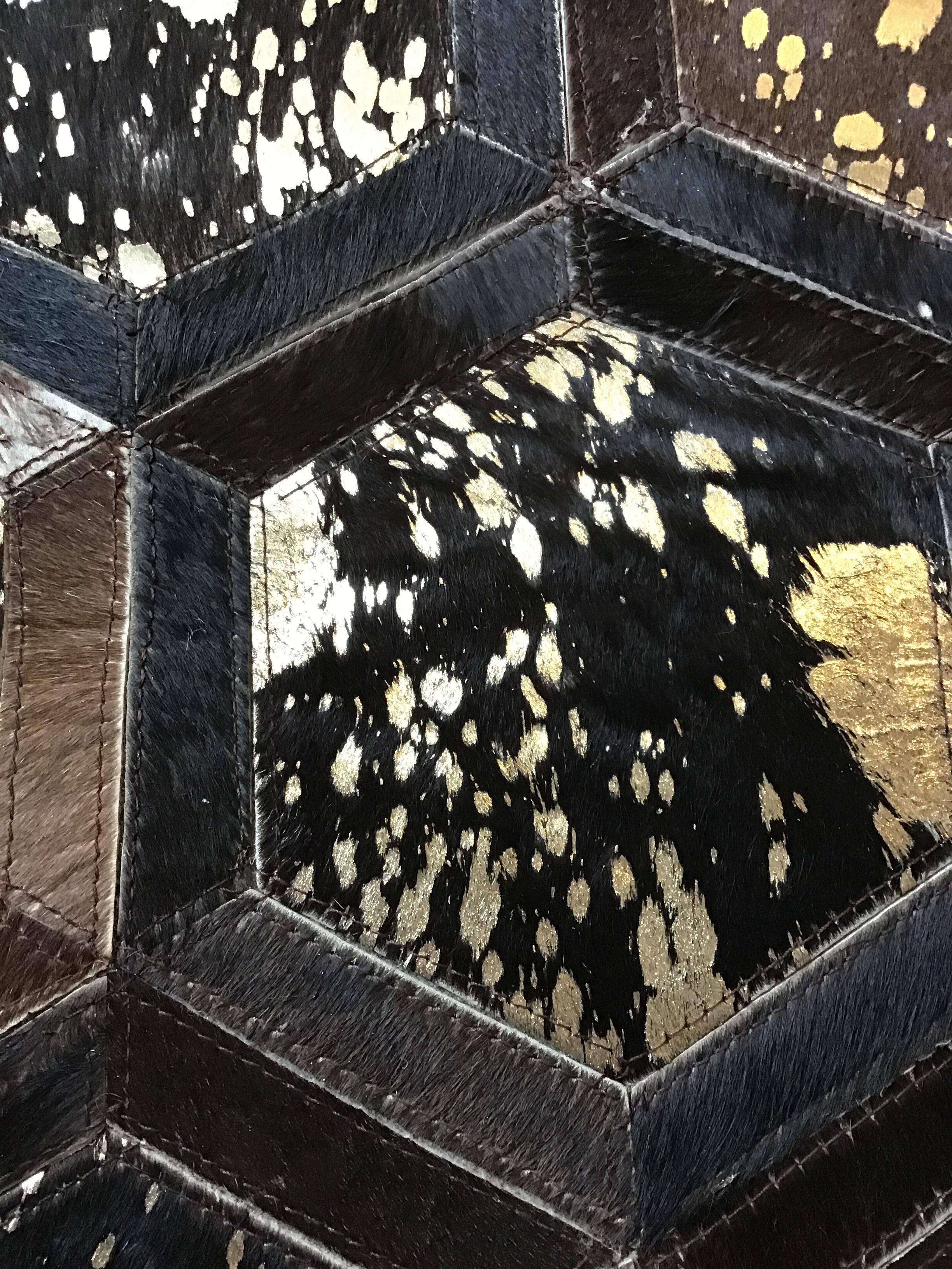 Contemporary Custom Made  Castelluxe Hexagonal Brown and Gold Metallic Paint Hair on Hide Rug