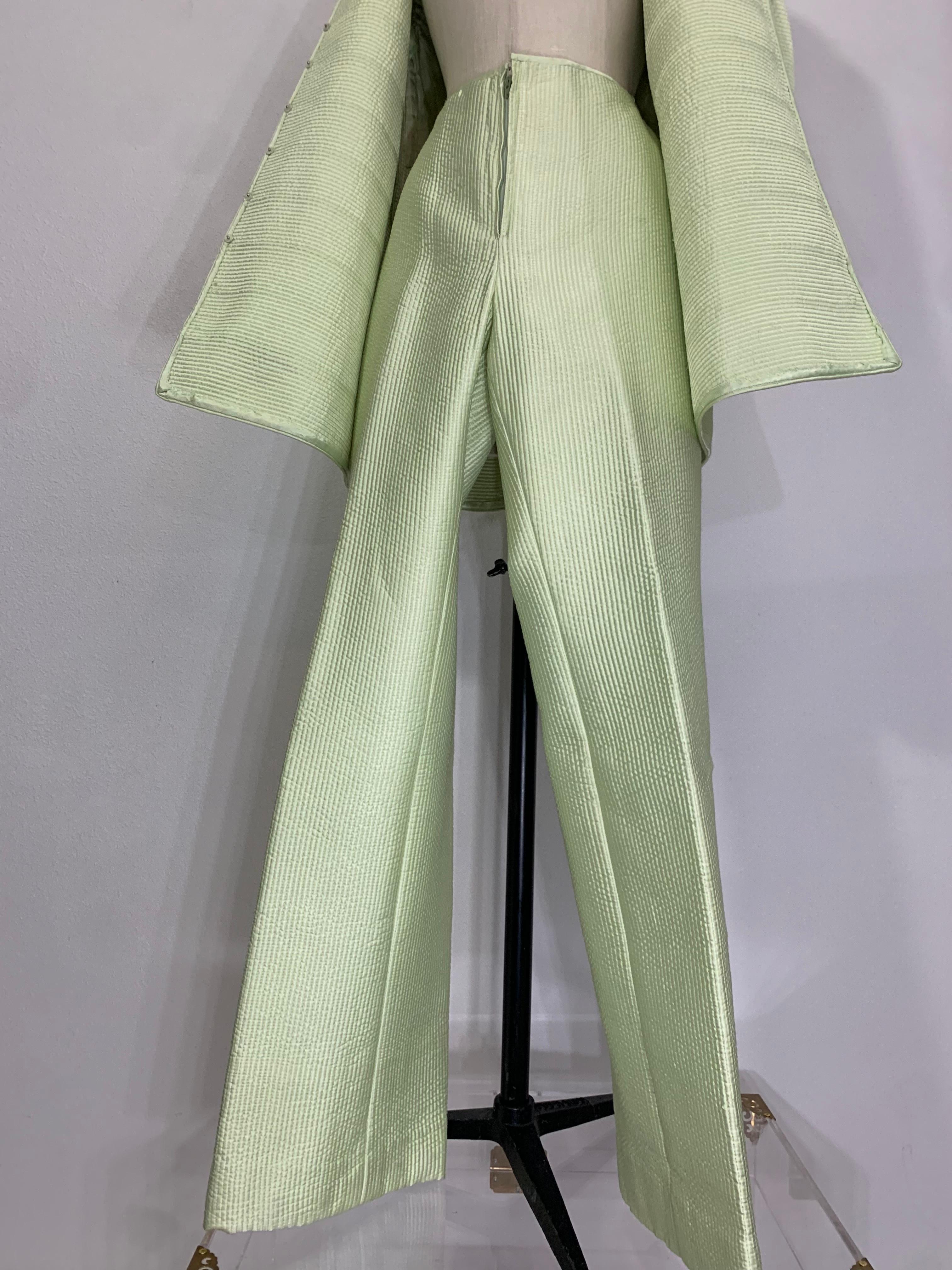 Custom Made Celadon Green Silk Quilted Pantsuit w Stovepipe Leg & Tunic Jacket For Sale 6