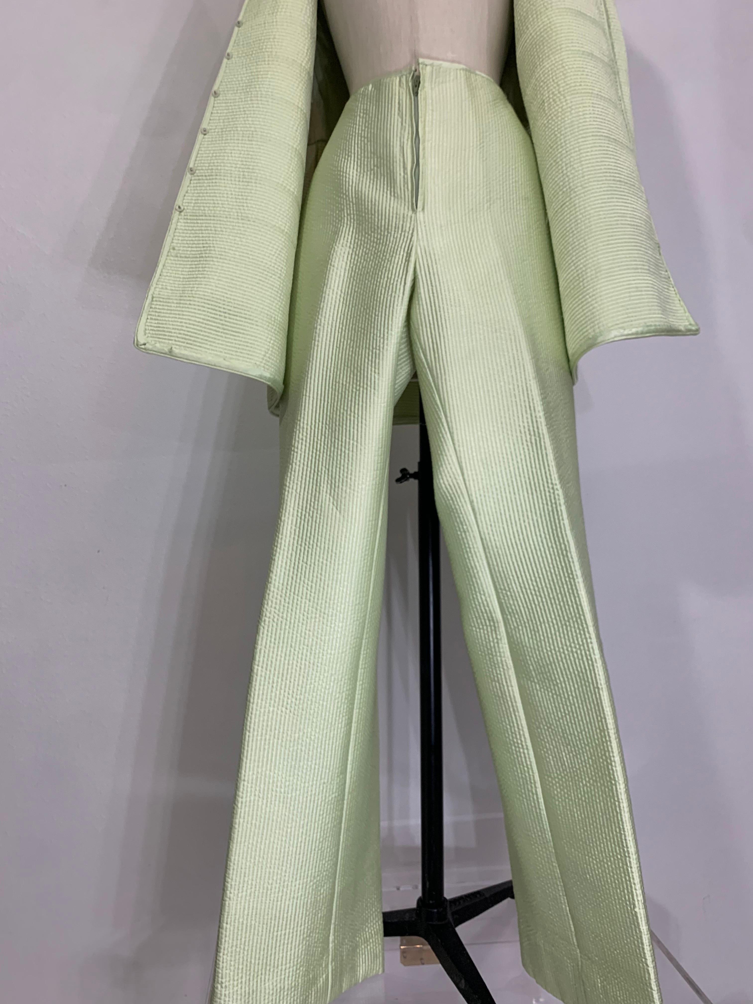 Custom Made Celadon Green Silk Quilted Pantsuit w Stovepipe Leg & Tunic Jacket For Sale 7
