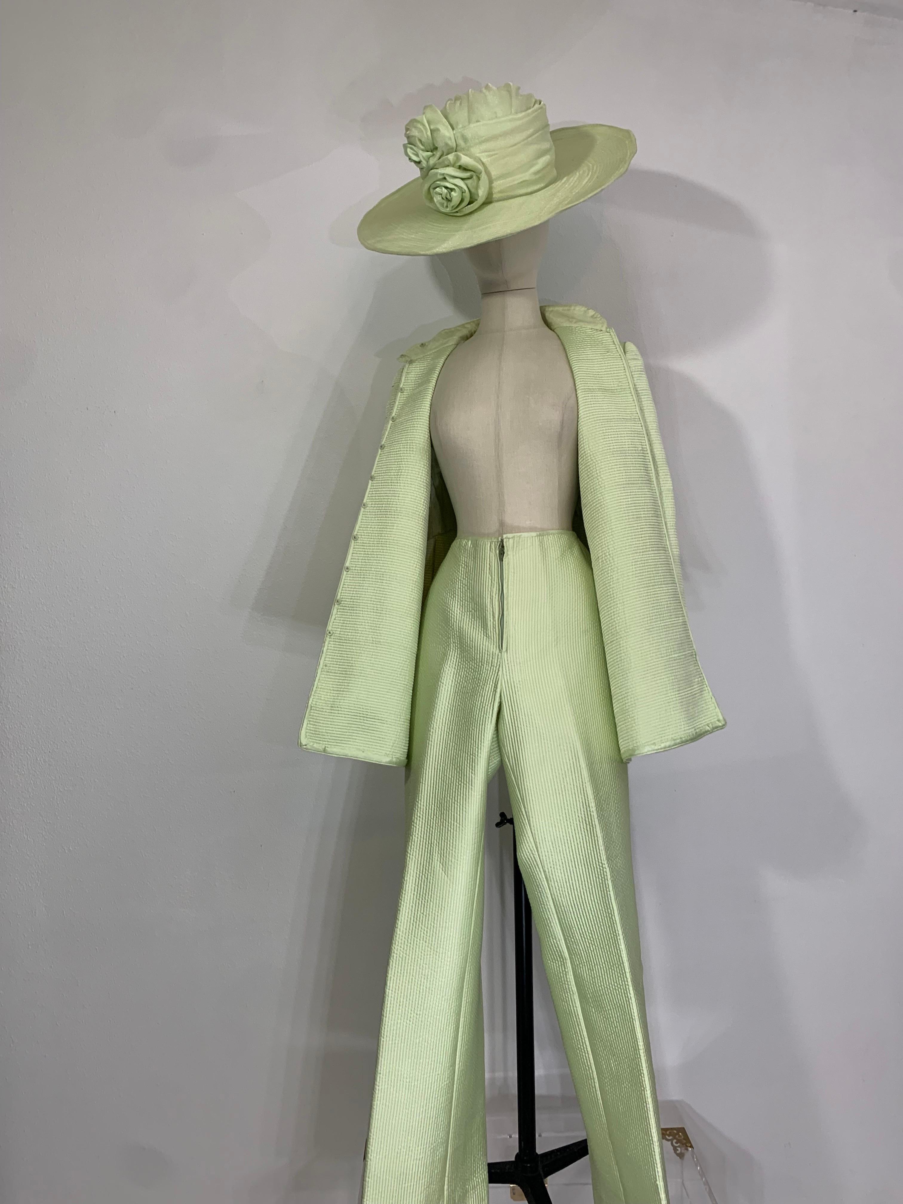 Custom Made Celadon Green Silk Quilted Pantsuit w Stovepipe Leg & Tunic Jacket For Sale 8