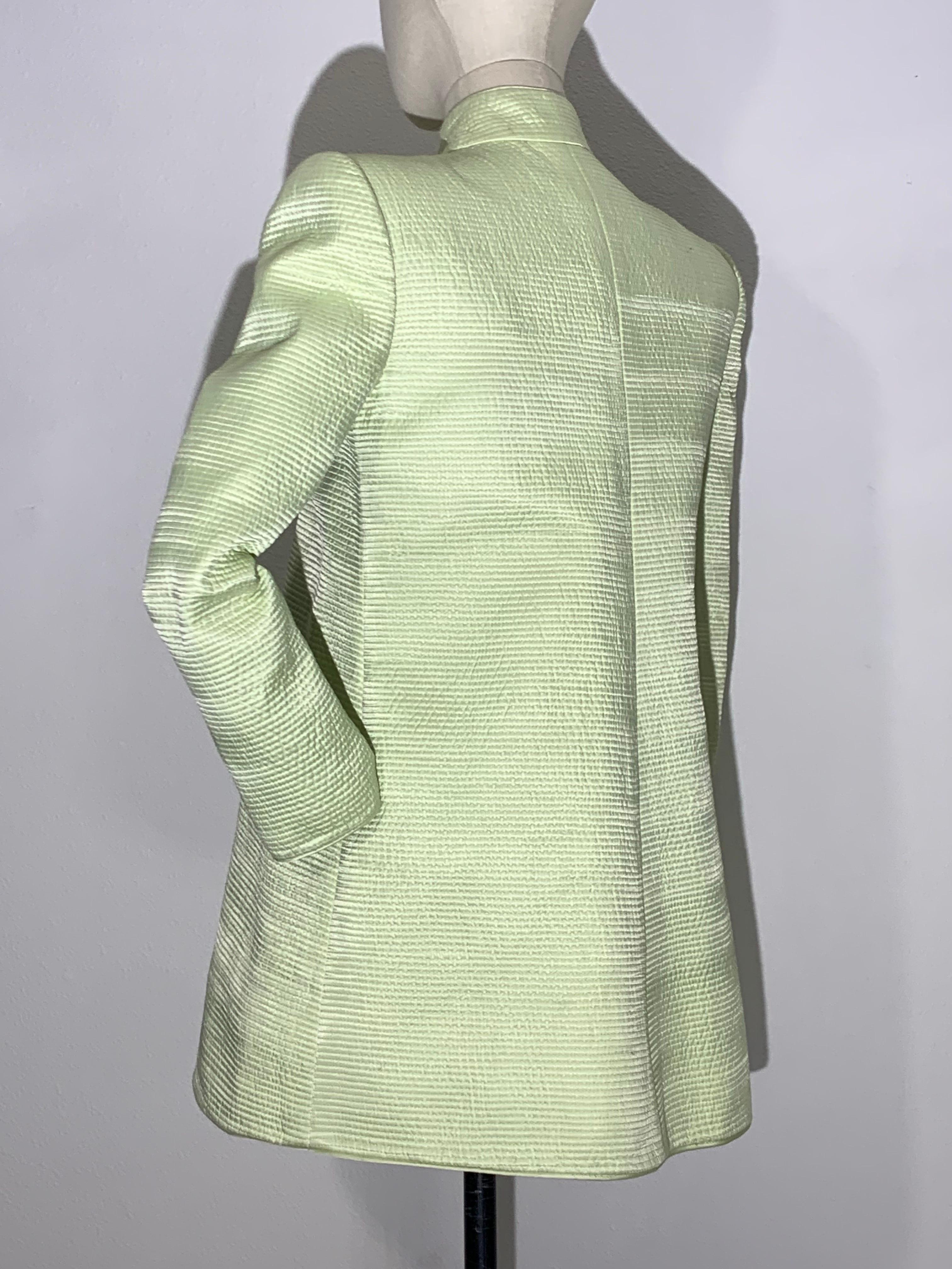 Custom Made Celadon Green Silk Quilted Pantsuit w Stovepipe Leg & Tunic Jacket For Sale 2