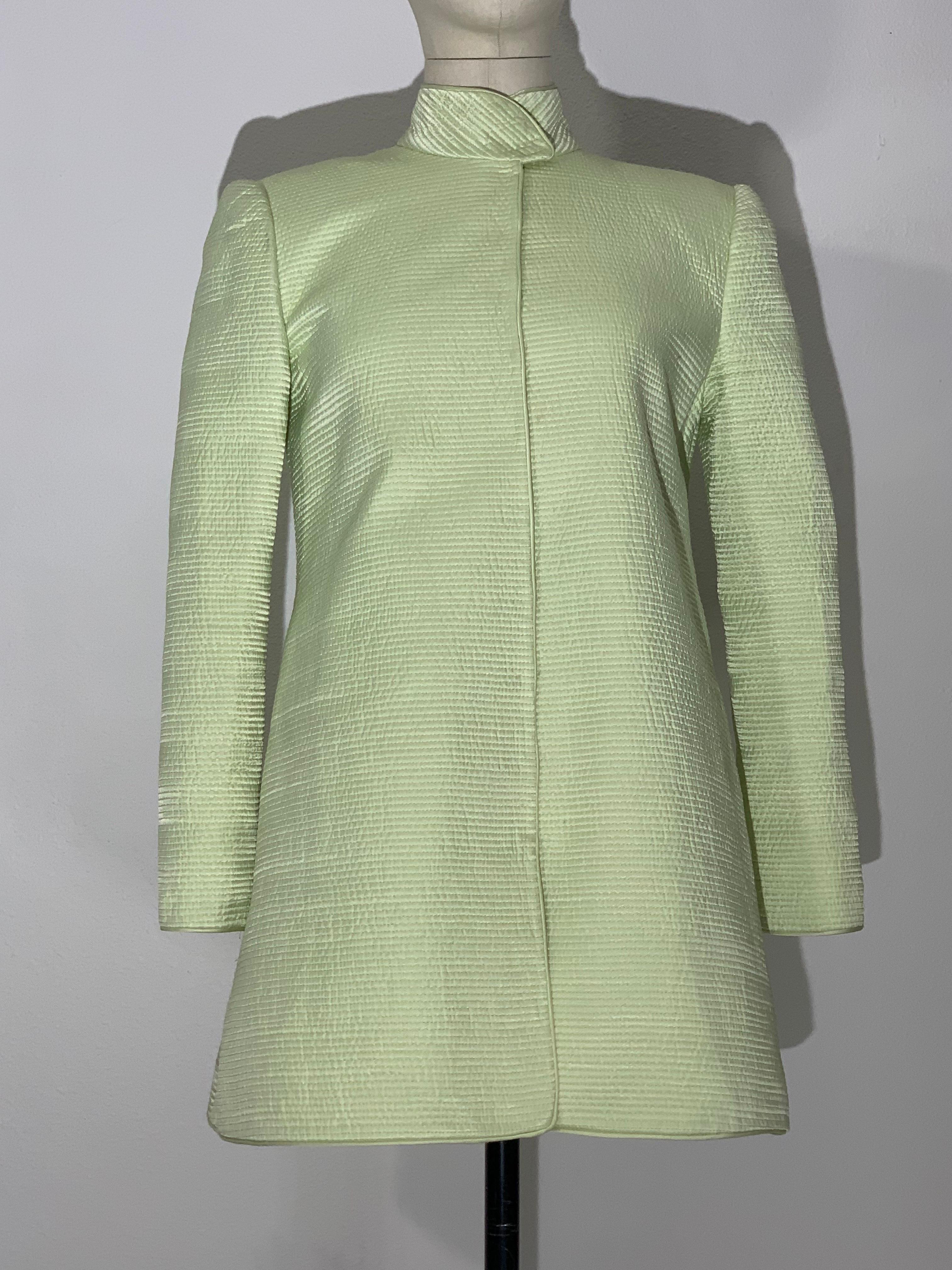 Custom Made Celadon Green Silk Quilted Pantsuit w Stovepipe Leg & Tunic Jacket For Sale 3