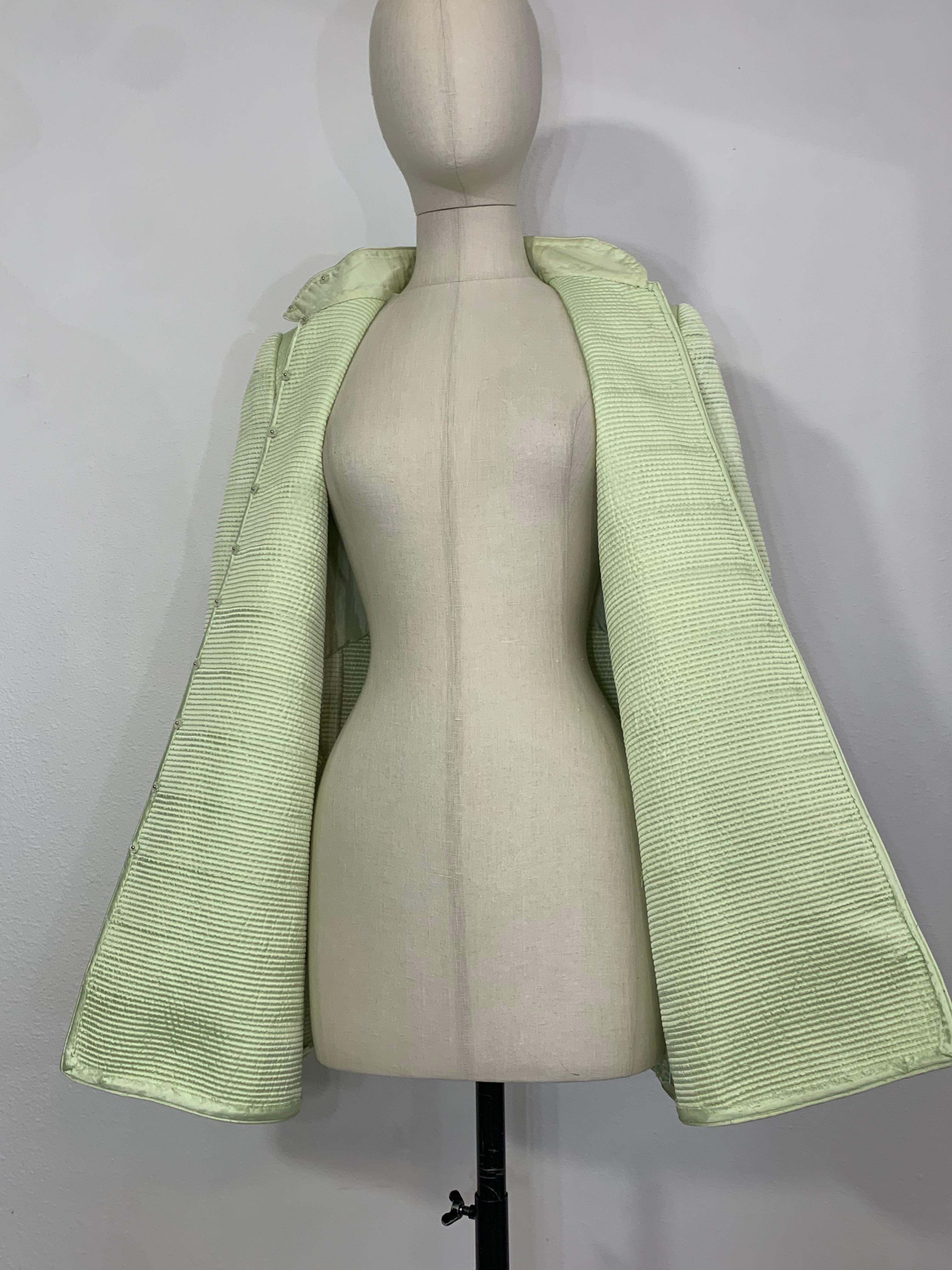 Custom Made Celadon Green Silk Quilted Pantsuit w Stovepipe Leg & Tunic Jacket For Sale 4