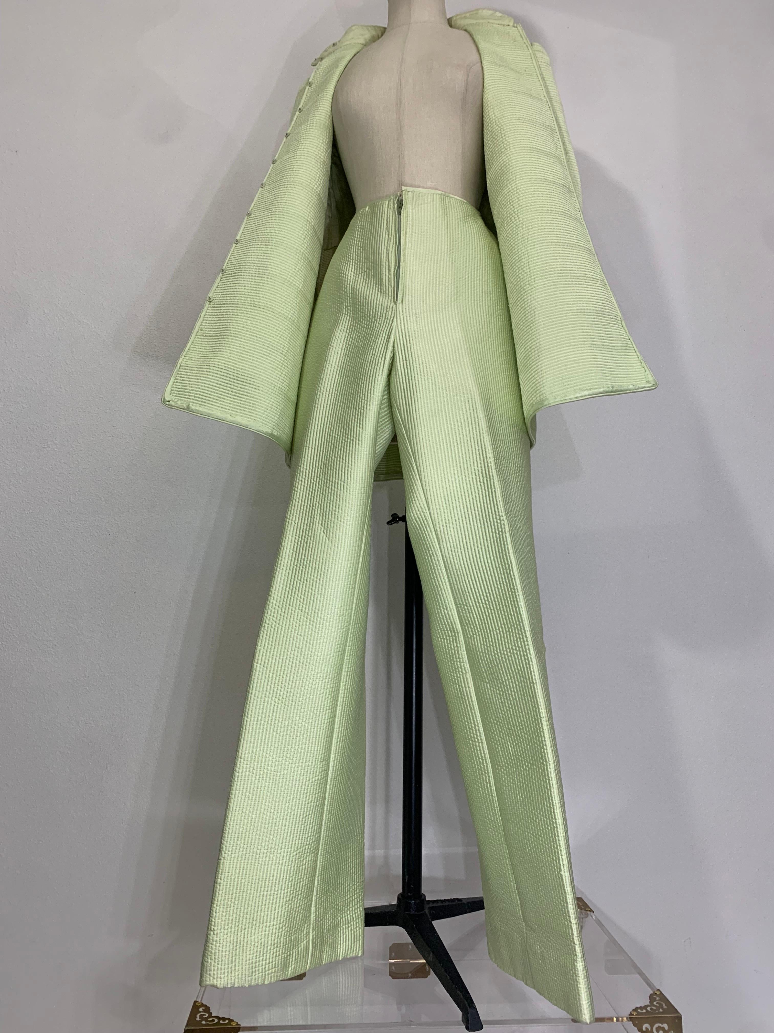 Custom Made Celadon Green Silk Quilted Pantsuit w Stovepipe Leg & Tunic Jacket For Sale 5