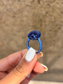 Custom Made Certified 13.28 Carat Tanzanite Cabochon  Ring