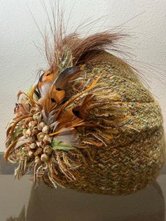 Custom Made Chanel Tweed Fabric Autumnal-Toned Turban w Feathers & Fringed Knots