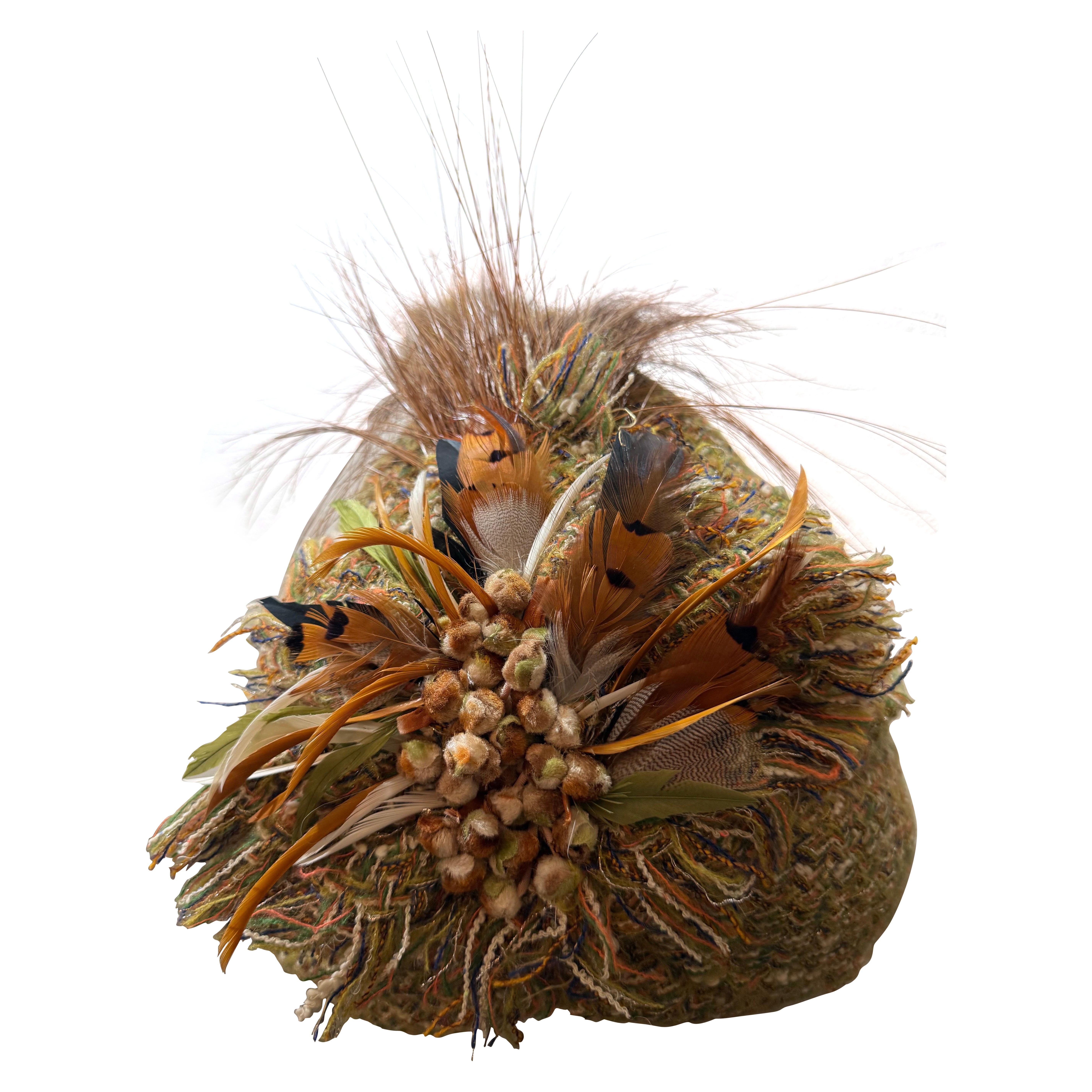 Custom Made Chanel Tweed Fabric Autumnal-Toned Turban w Feathers & Fringed Knots