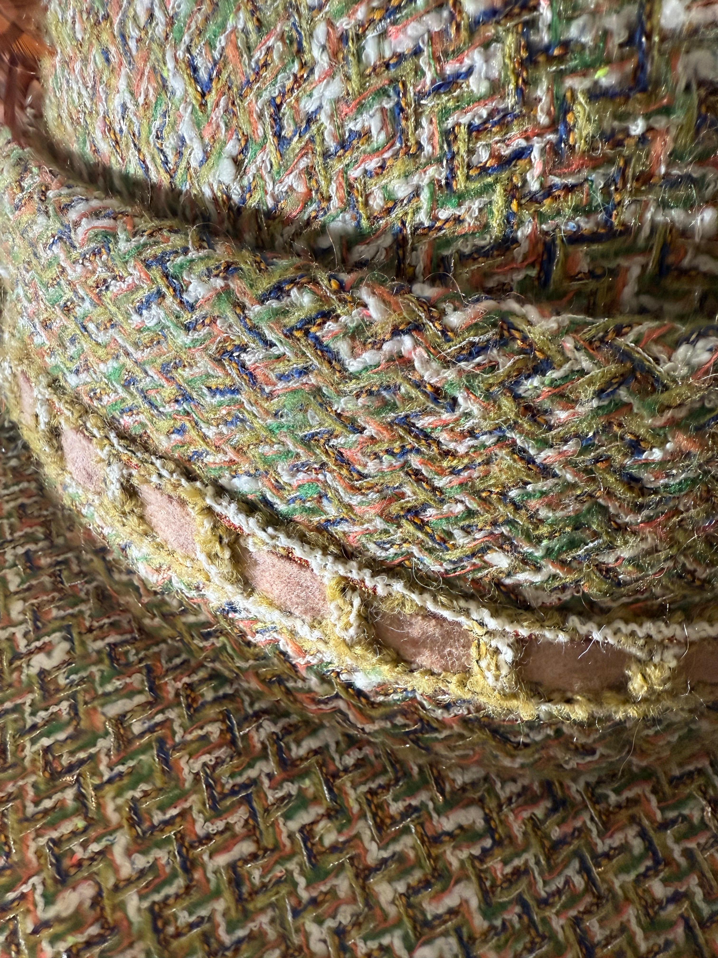 Custom Made Chanel Tweed Fabric Floppy Wide Brim Hat w Rounded Crown & Feathers For Sale 6