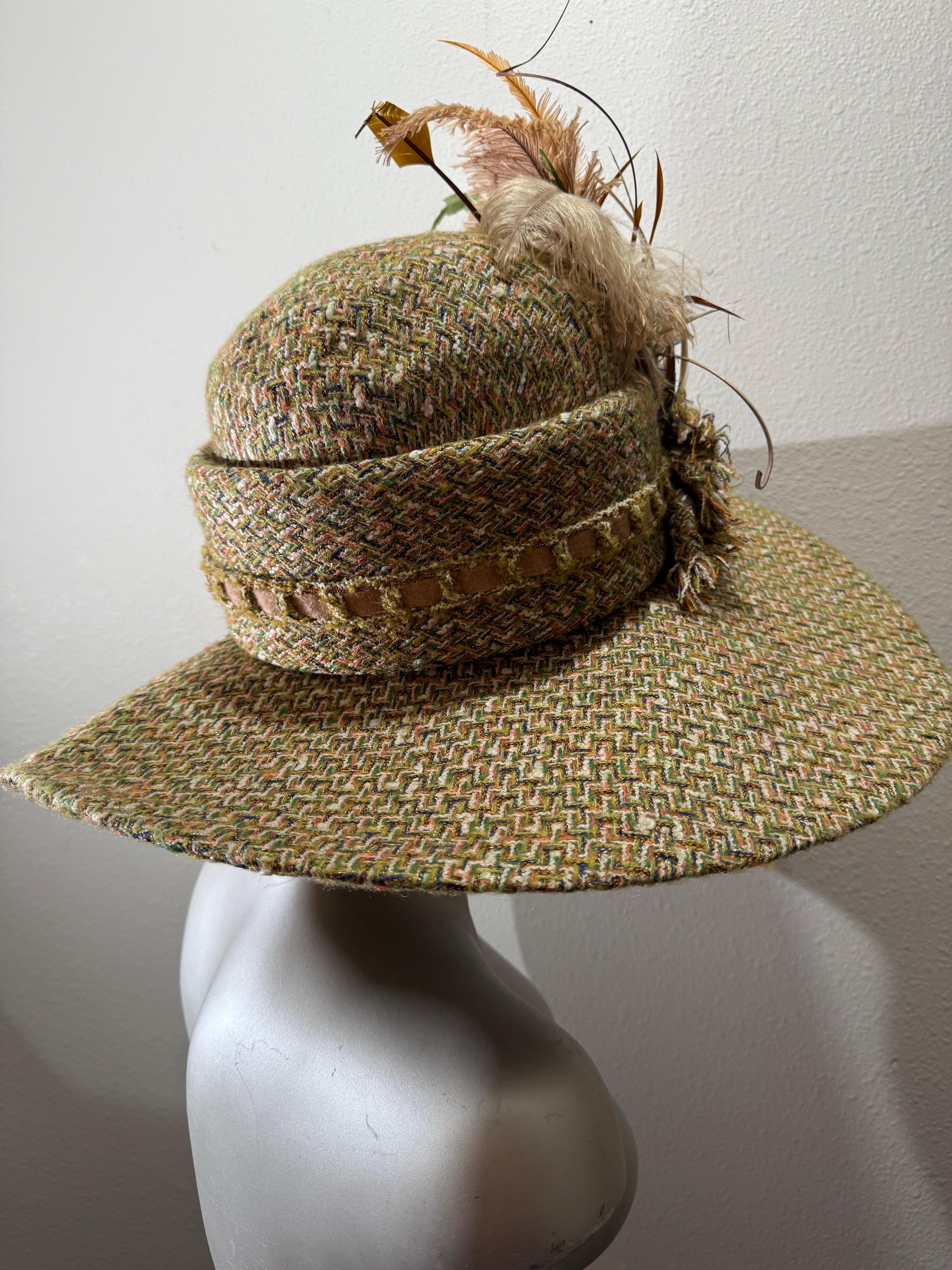 Custom Made Chanel Tweed Fabric Floppy Wide Brim Hat w Rounded Crown & Feathers For Sale 7