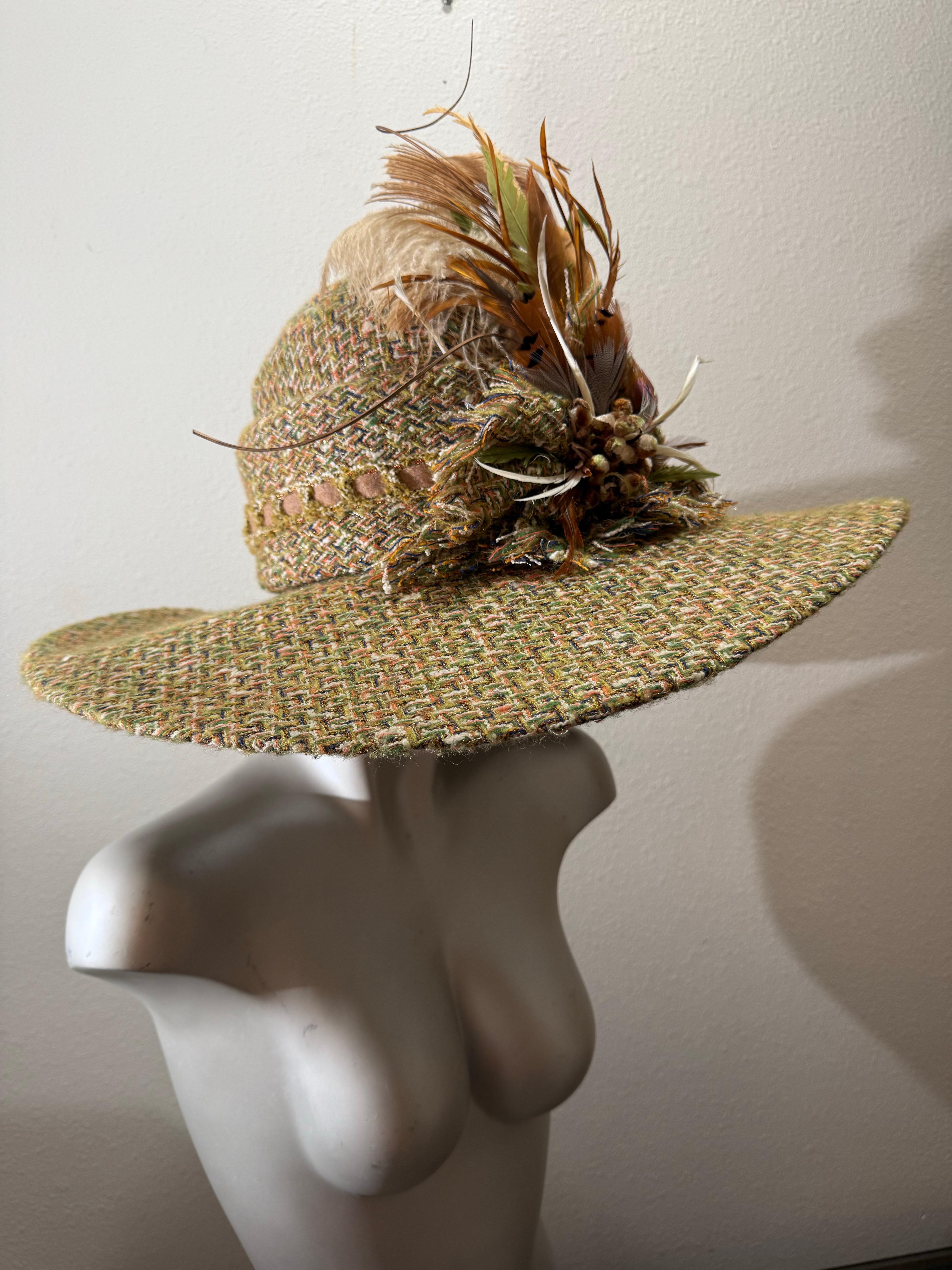 Custom Made Chanel Tweed Fabric Floppy Wide Brim Hat w Rounded Crown & Feathers For Sale 8