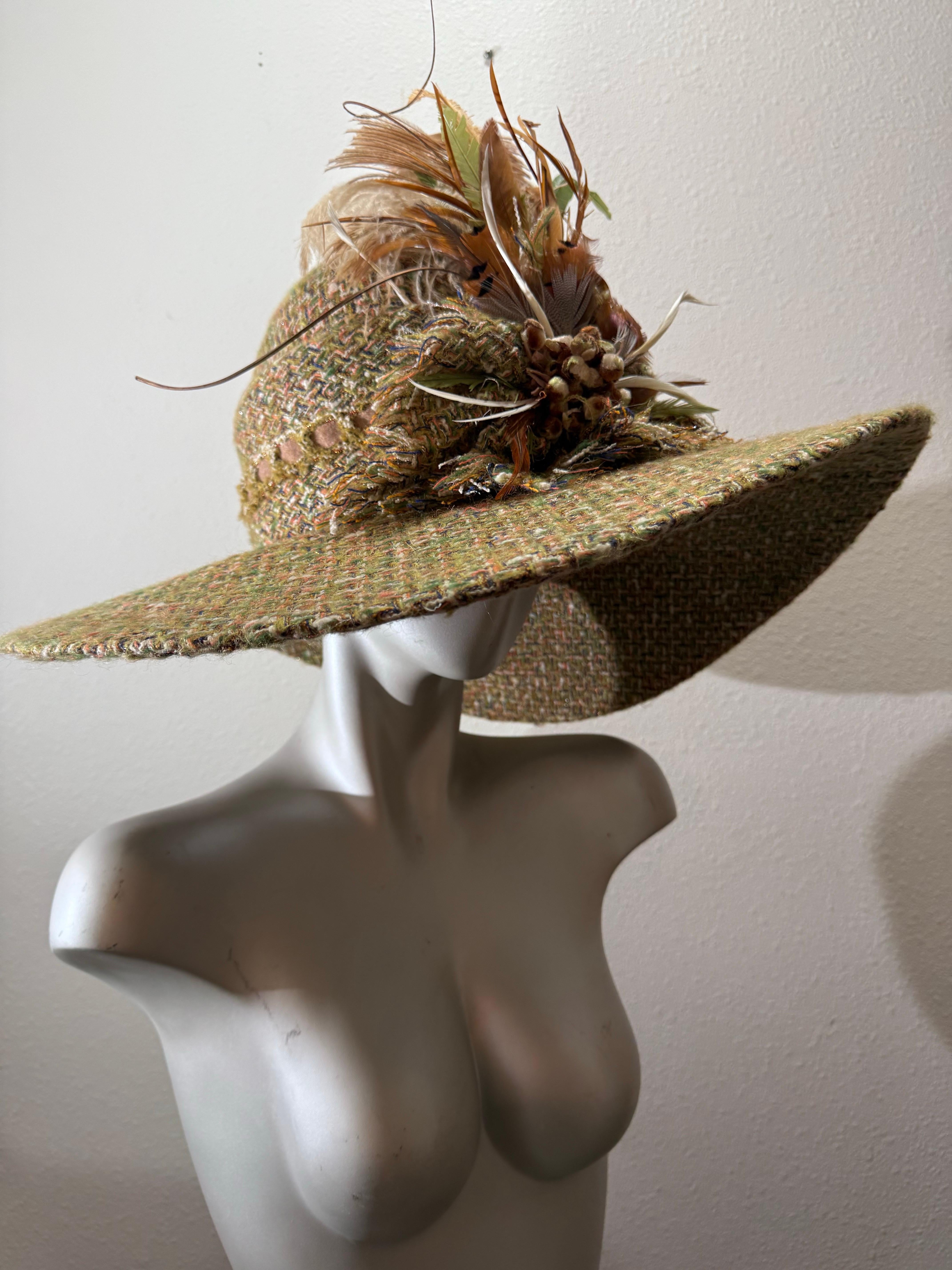 Custom Made Chanel Tweed Fabric Floppy Wide Brim Hat w Rounded Crown & Feathers For Sale 9