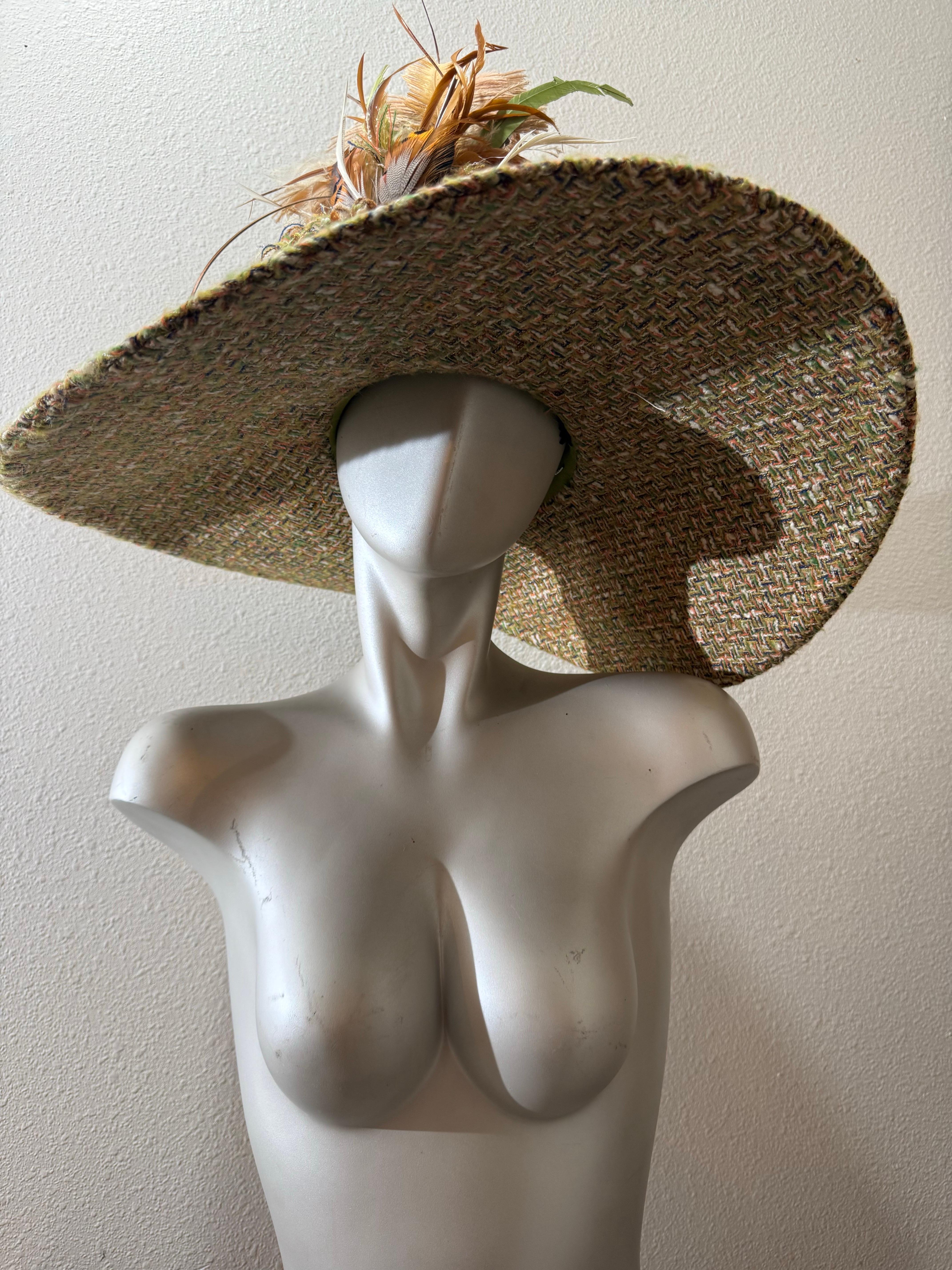 Custom Made Chanel Tweed Fabric Floppy Wide Brim Hat w Rounded Crown & Feathers For Sale 10