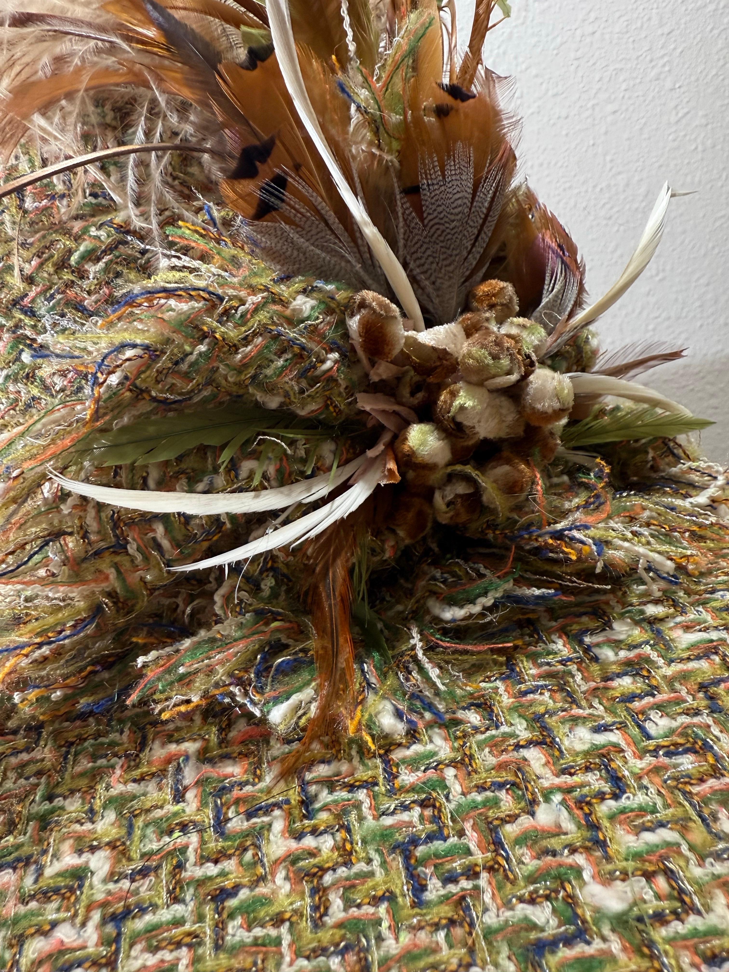 Custom Made Chanel Tweed Fabric Floppy Wide Brim Hat w Rounded Crown & Feathers For Sale 11