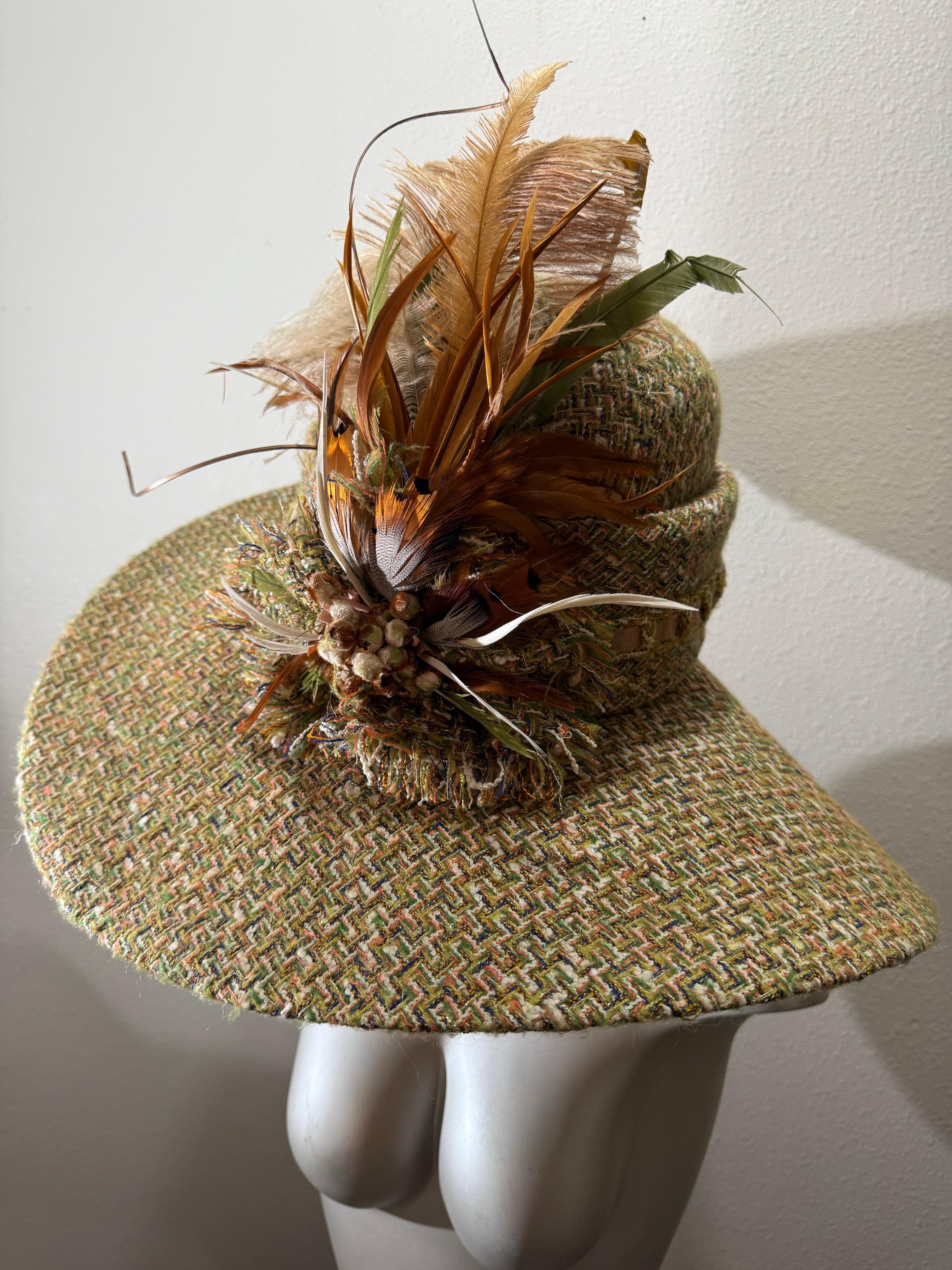 Custom Made Chanel Tweed Fabric Floppy Wide Brim Hat w Rounded Crown & Feathers For Sale 12