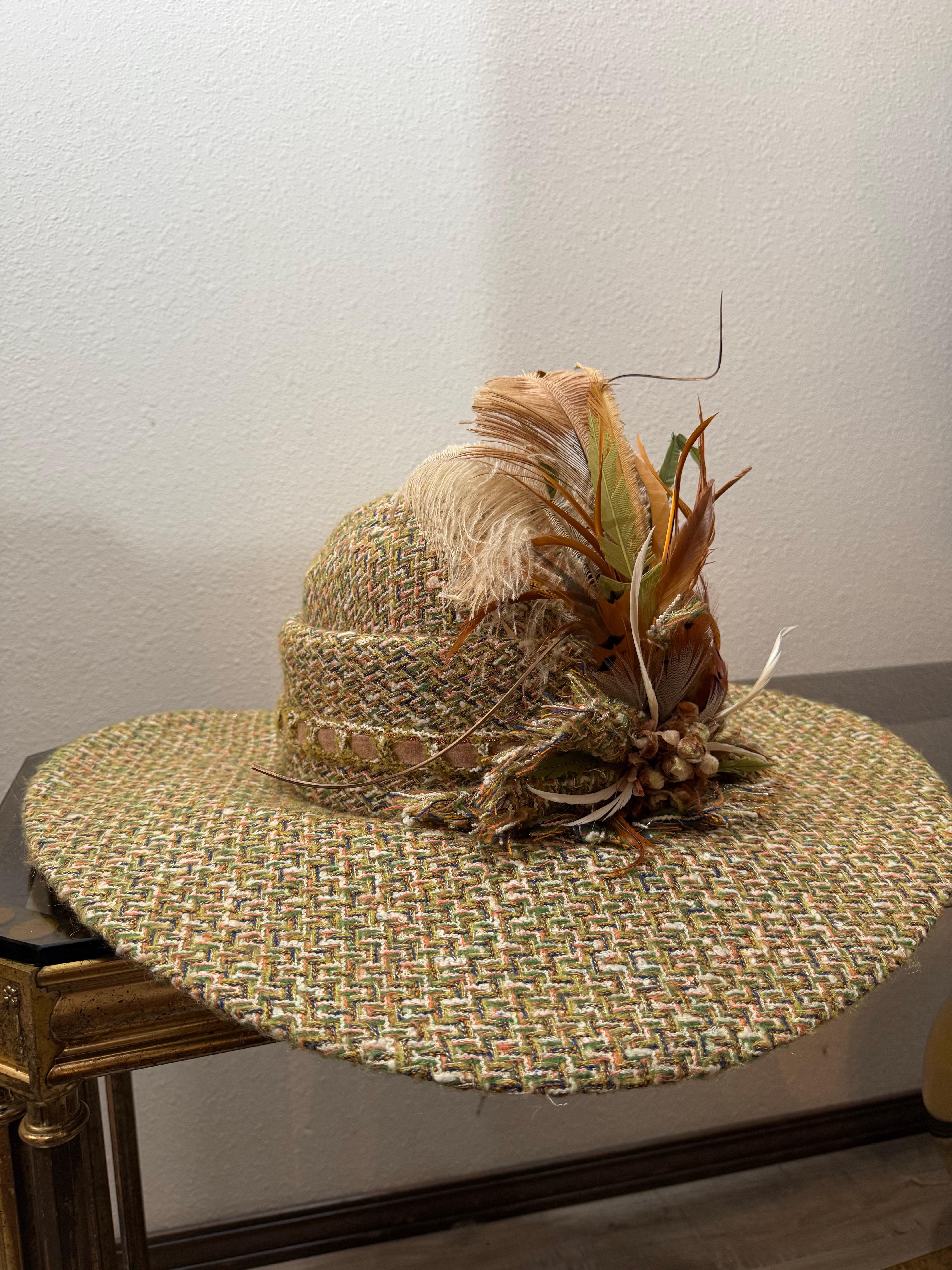 Custom Made Chanel Tweed Fabric Floppy Wide Brim Hat w Rounded Crown & Feathers For Sale 13