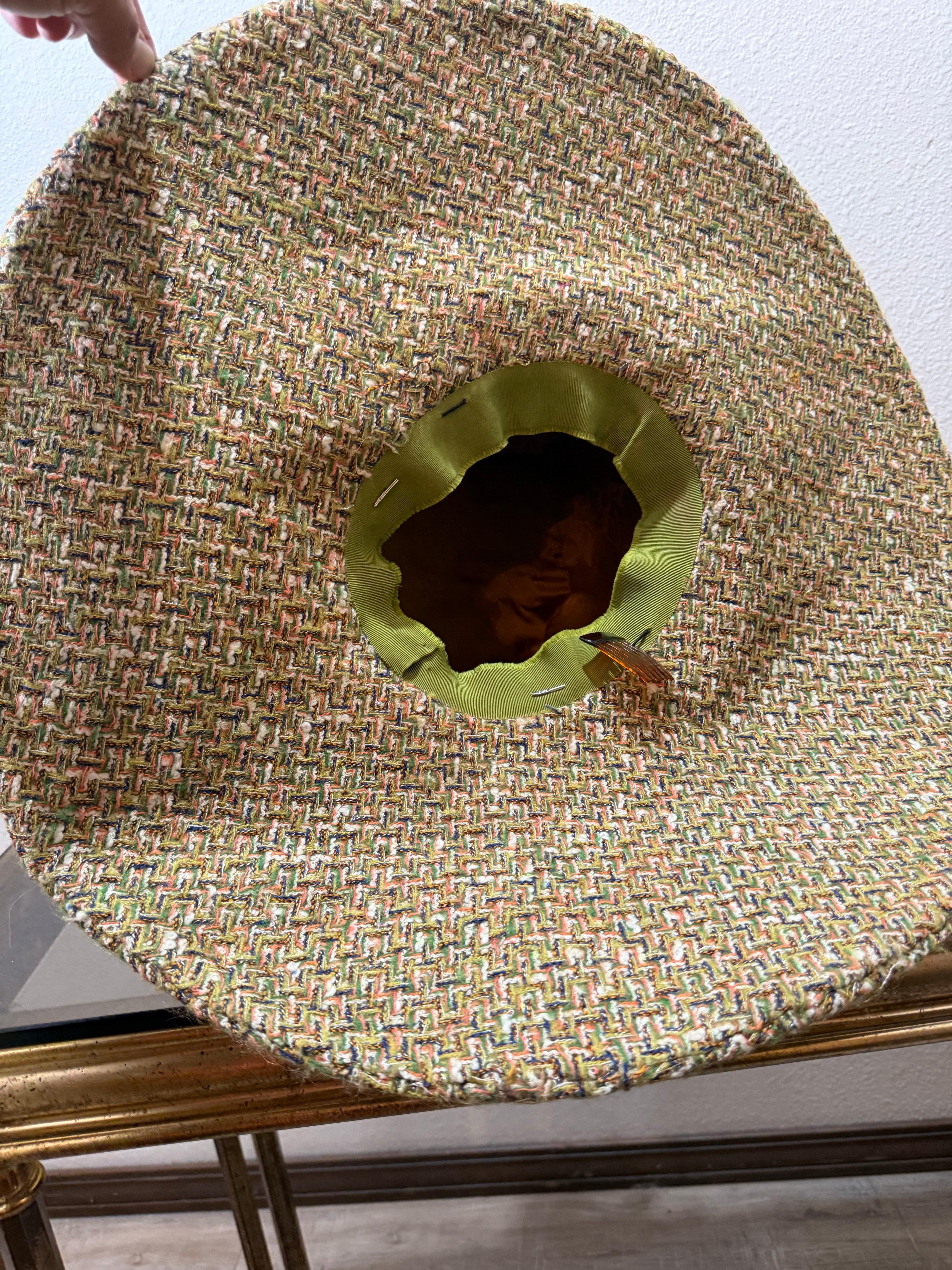 Custom Made Chanel Tweed Fabric Floppy Wide Brim Hat w Rounded Crown & Feathers For Sale 14