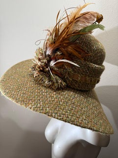 Custom Made Chanel Tweed Fabric Floppy Wide Brim Hat w Rounded Crown & Feathers