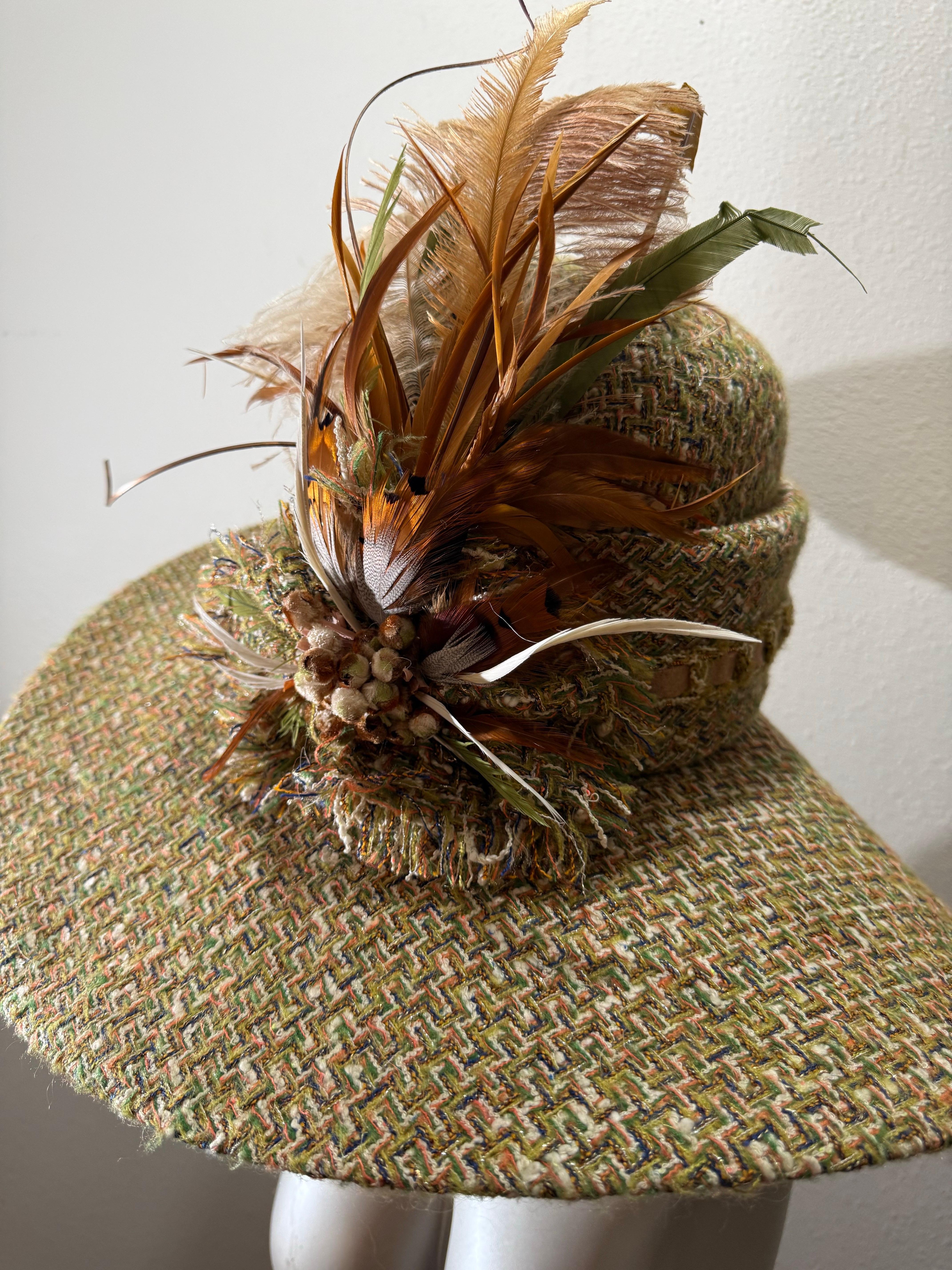 Brown Custom Made Chanel Tweed Fabric Floppy Wide Brim Hat w Rounded Crown & Feathers For Sale