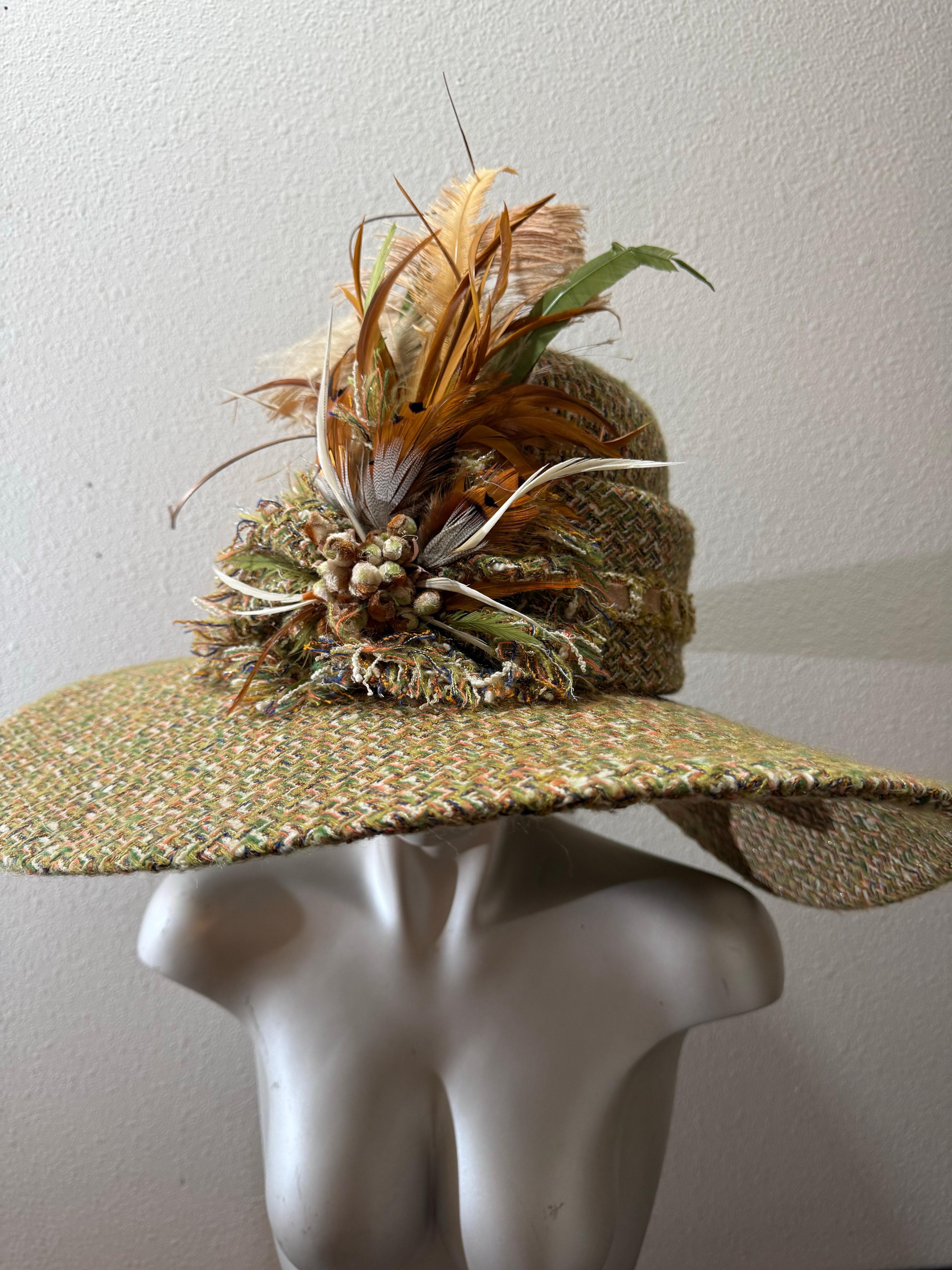 Custom Made Chanel Tweed Fabric Floppy Wide Brim Hat w Rounded Crown & Feathers In Excellent Condition For Sale In Gresham, OR
