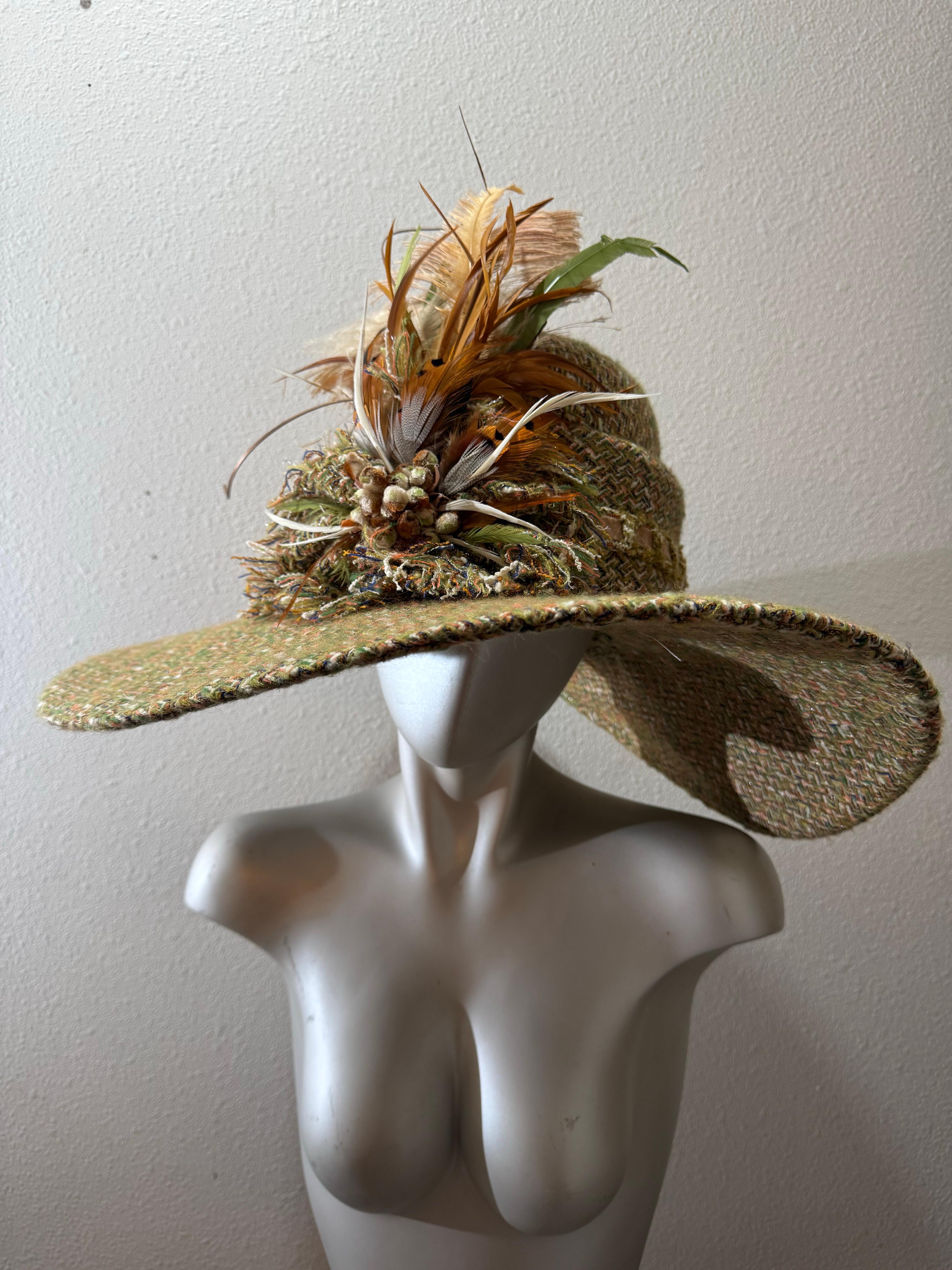 Women's Custom Made Chanel Tweed Fabric Floppy Wide Brim Hat w Rounded Crown & Feathers For Sale