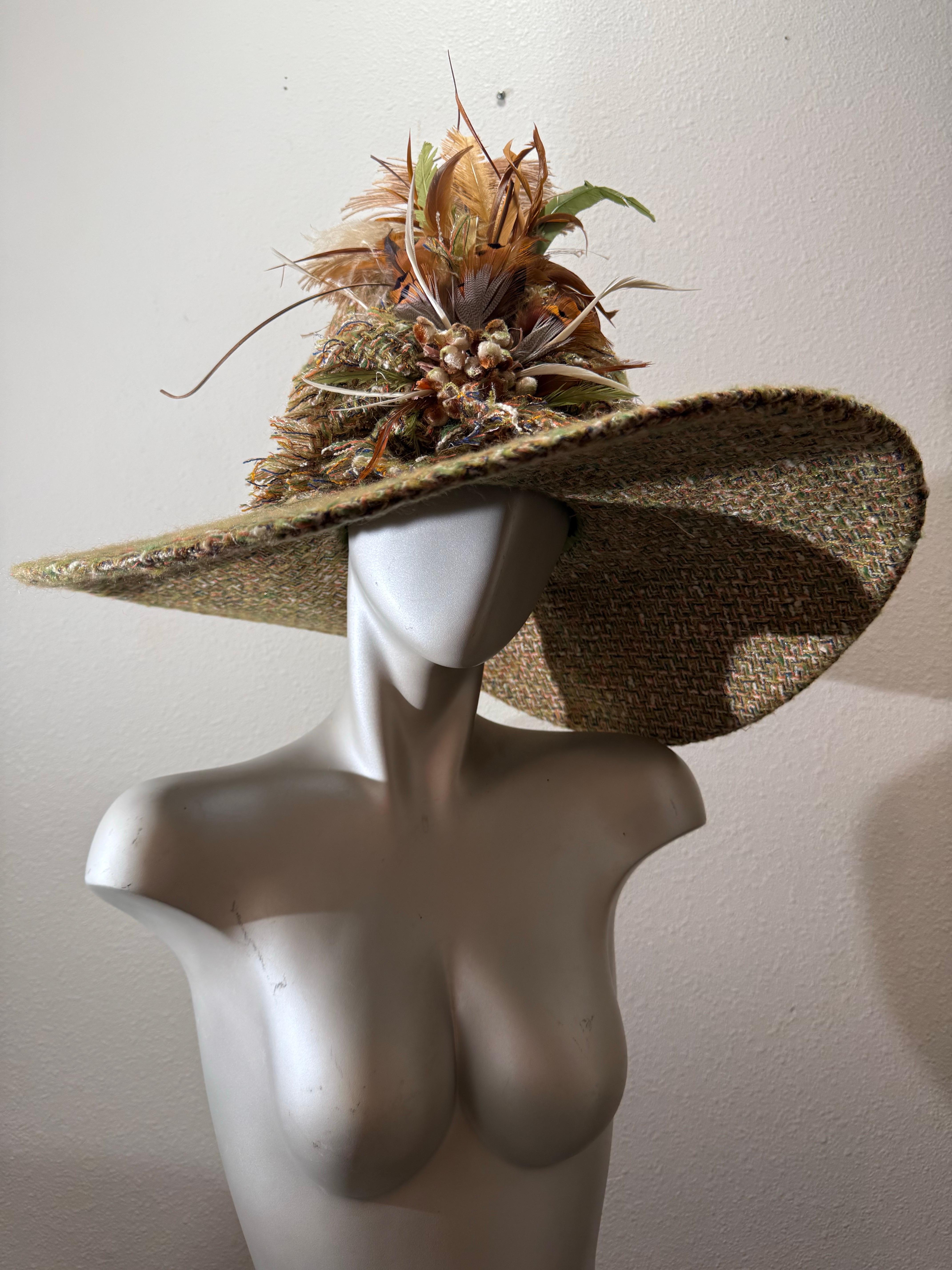 Custom Made Chanel Tweed Fabric Floppy Wide Brim Hat w Rounded Crown & Feathers For Sale 1