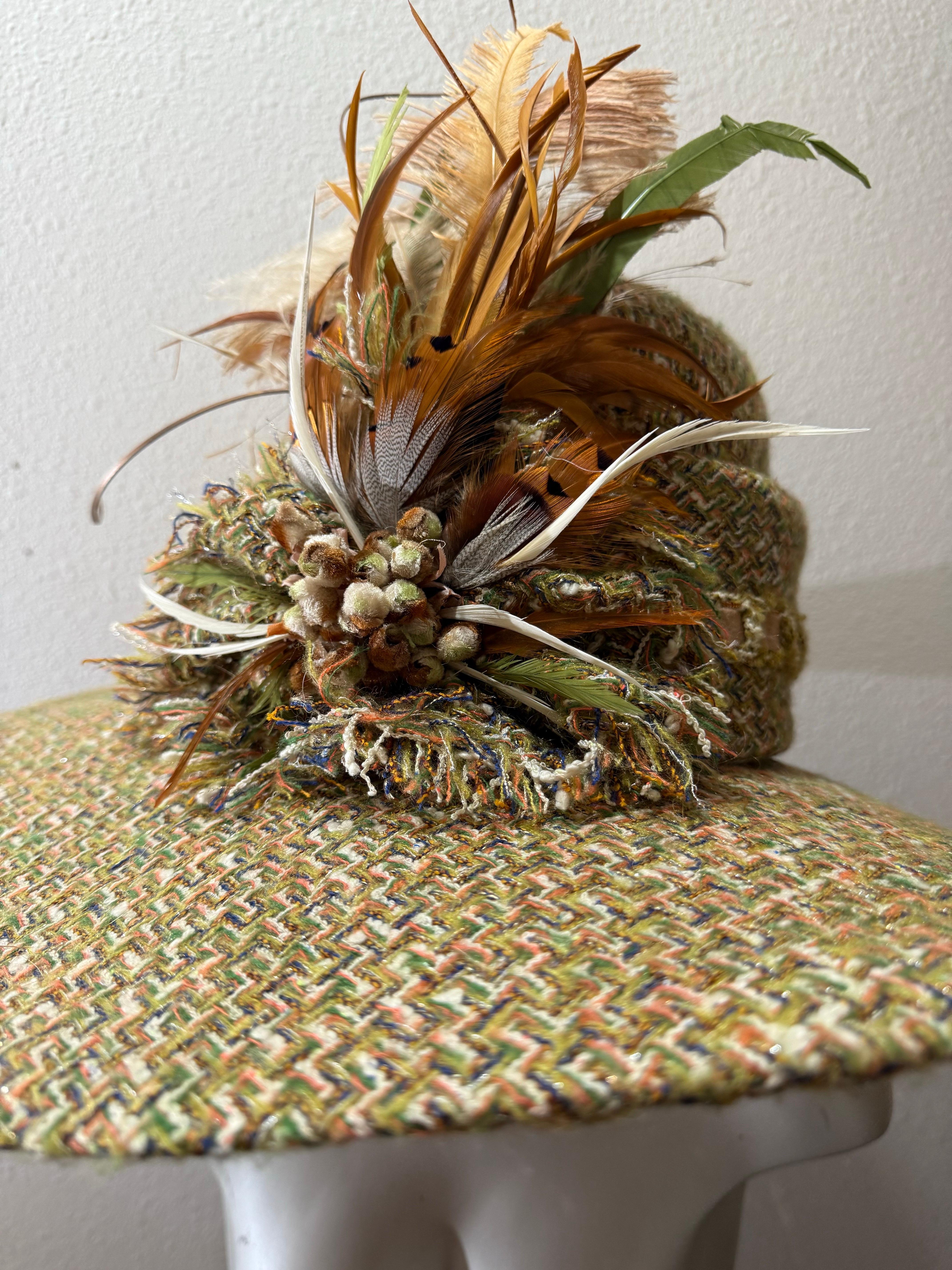 Custom Made Chanel Tweed Fabric Floppy Wide Brim Hat w Rounded Crown & Feathers For Sale 2