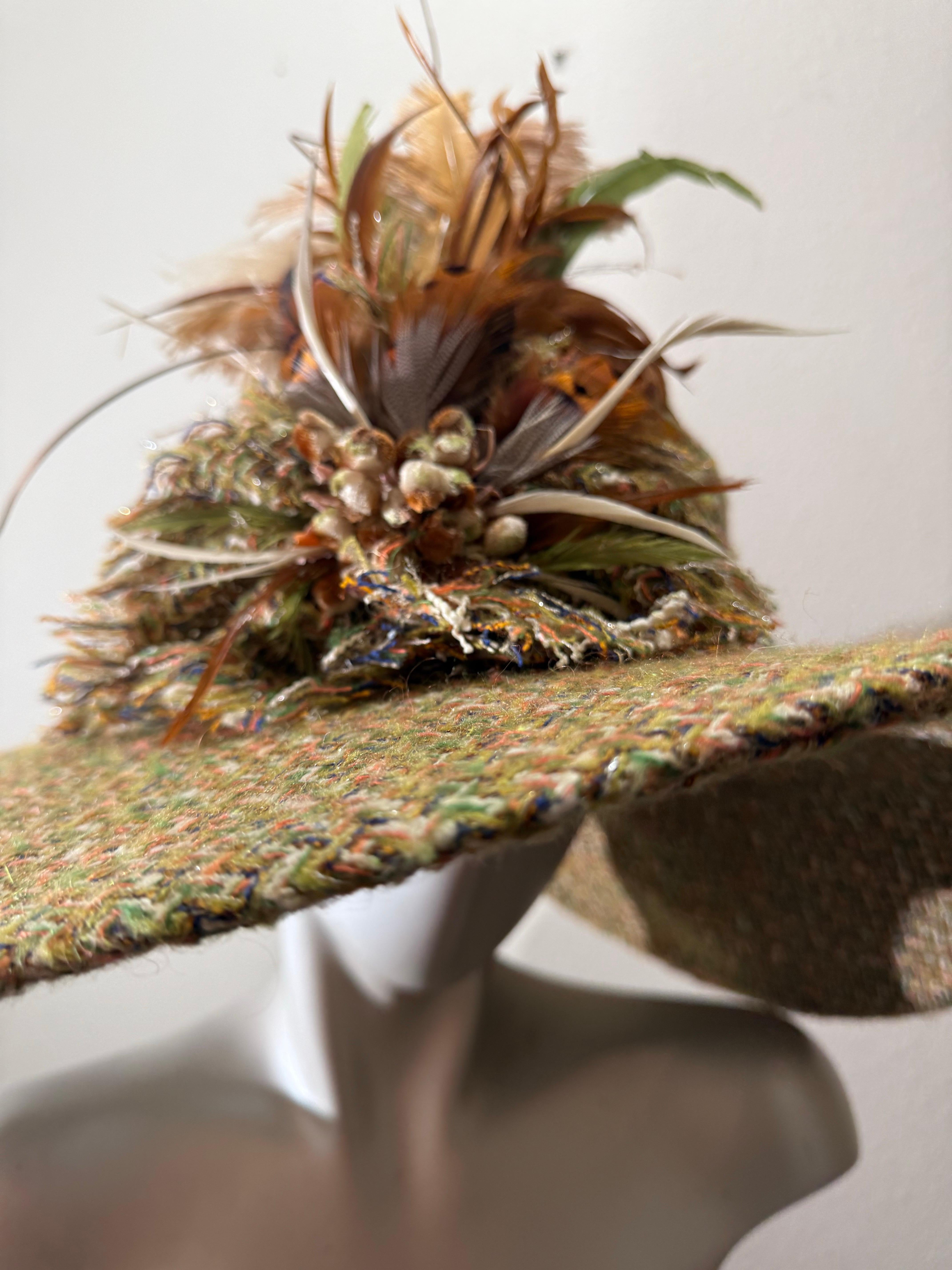 Custom Made Chanel Tweed Fabric Floppy Wide Brim Hat w Rounded Crown & Feathers For Sale 3